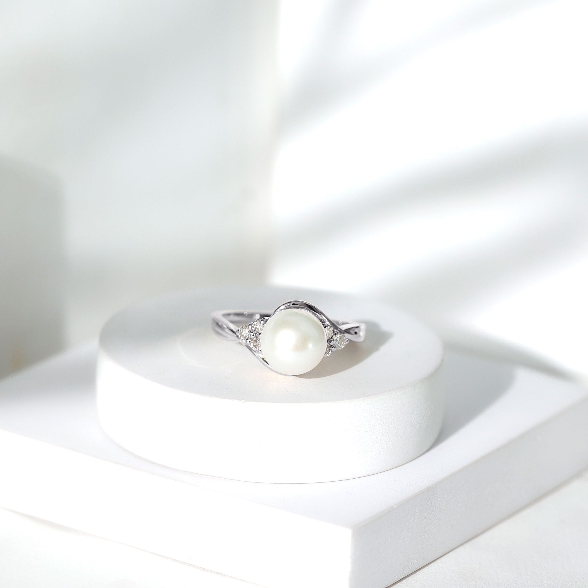 Natural 7.4 Carat Freshwater Pearl Engagement Ring with Diamond Trio