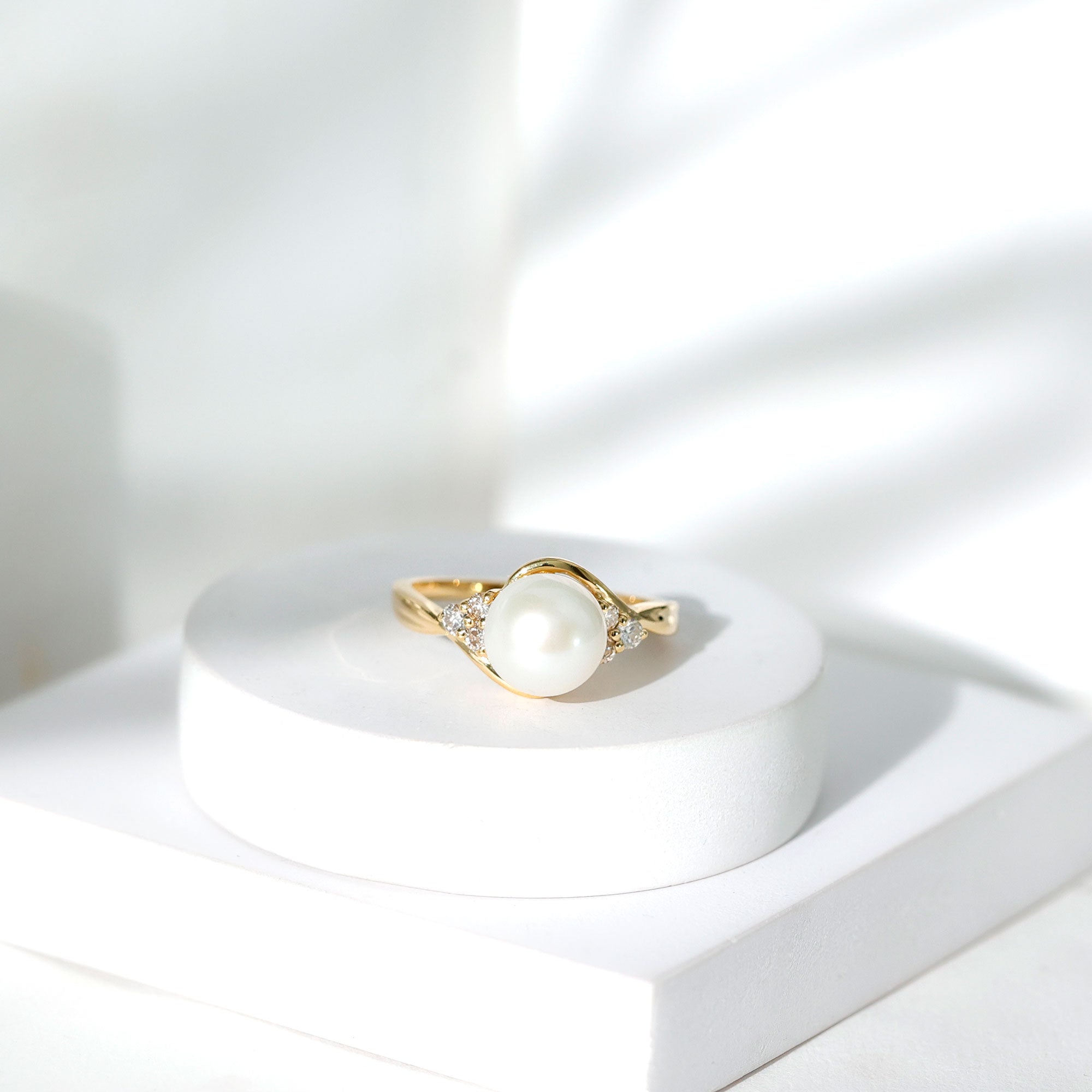 Natural 7.4 Carat Freshwater Pearl Engagement Ring with Diamond Trio