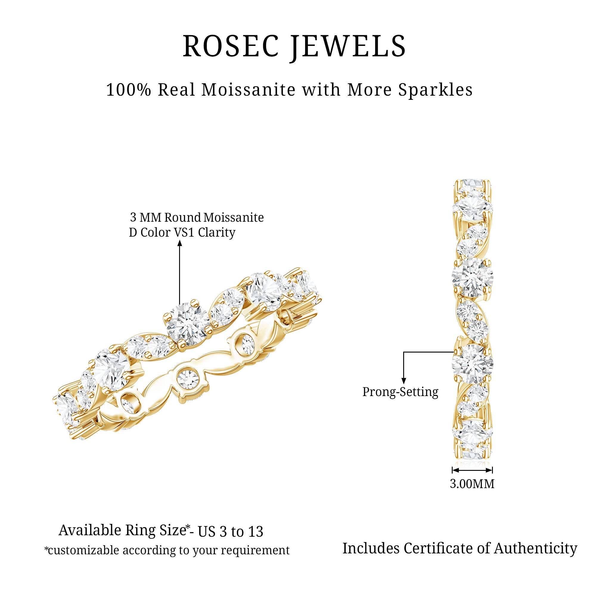Certified Moissanite Eternity Wedding Band Ring in Prong Setting