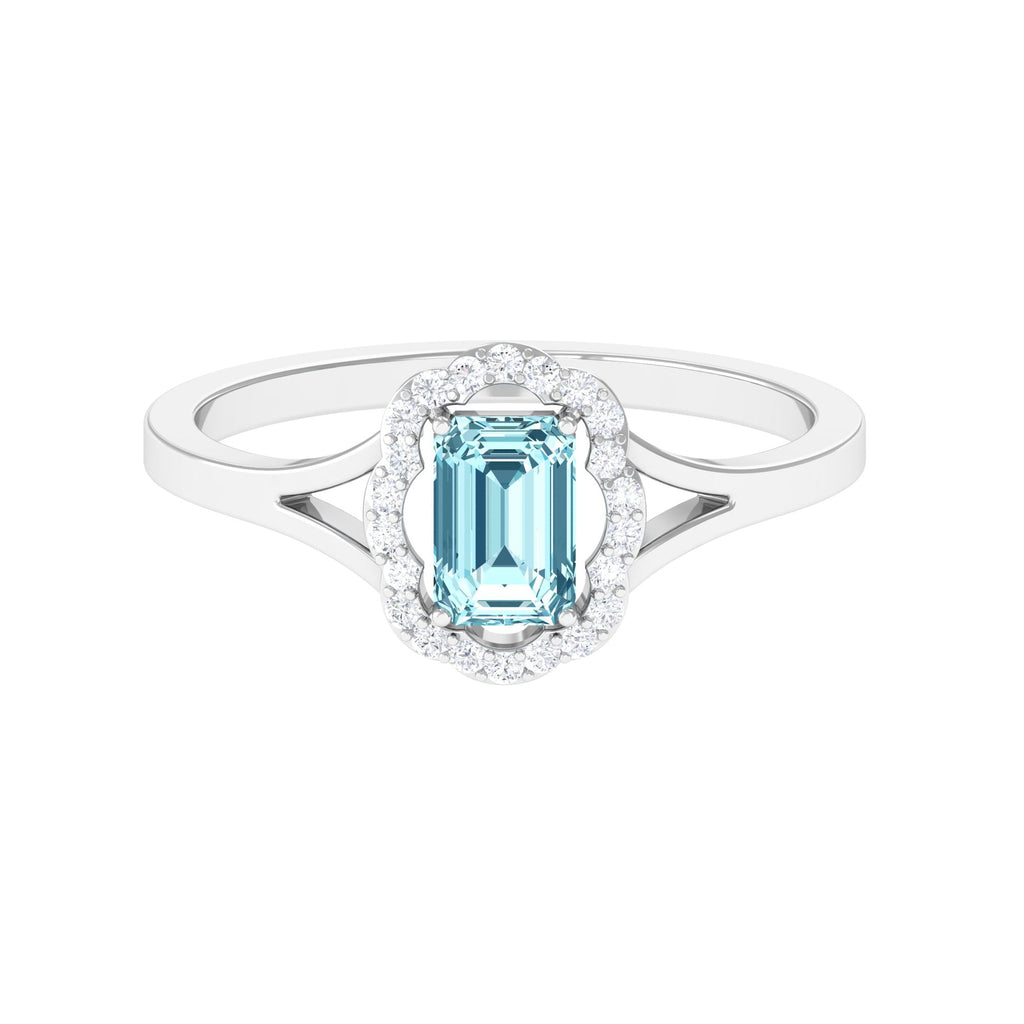 Emerald Cut Aquamarine Engagement Ring with Diamond Floral Halo