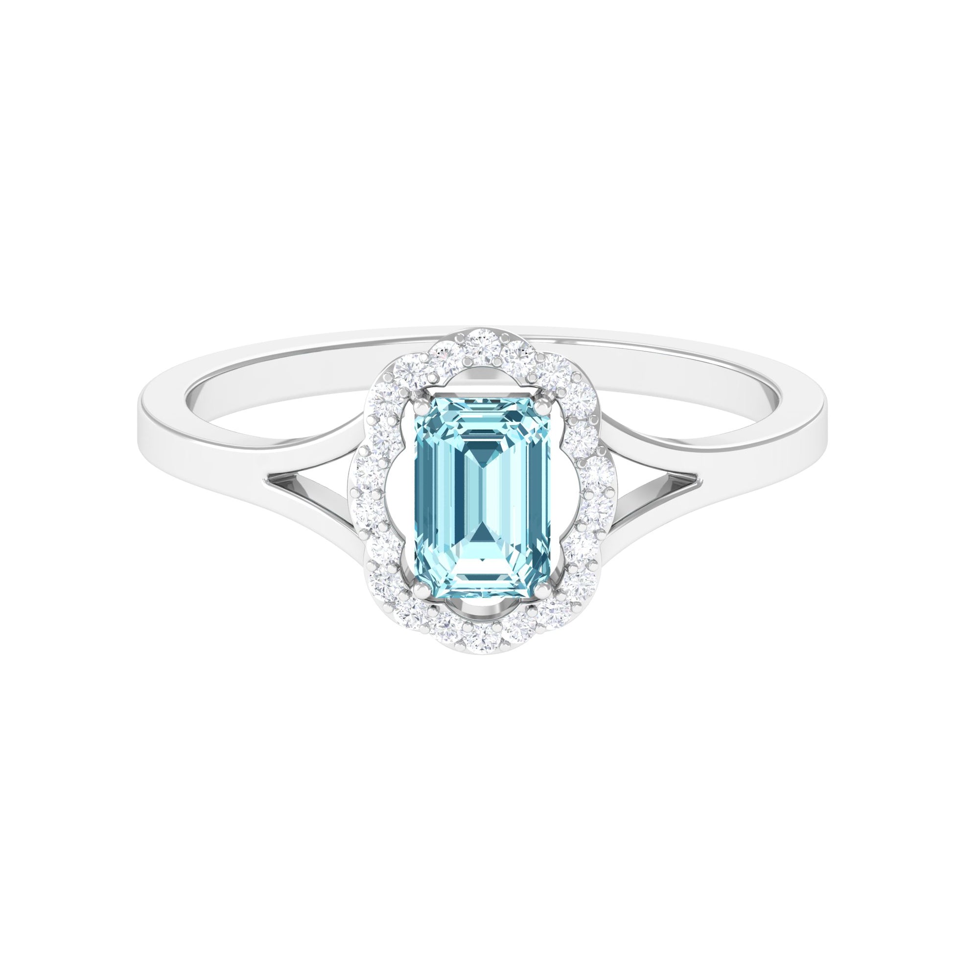 Emerald Cut Aquamarine Engagement Ring with Diamond Floral Halo