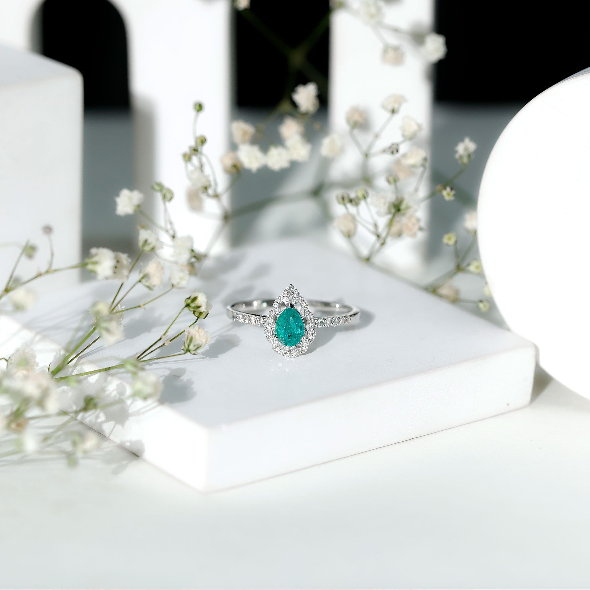 Pear Shaped Emerald Nature Engagement Ring with Diamond