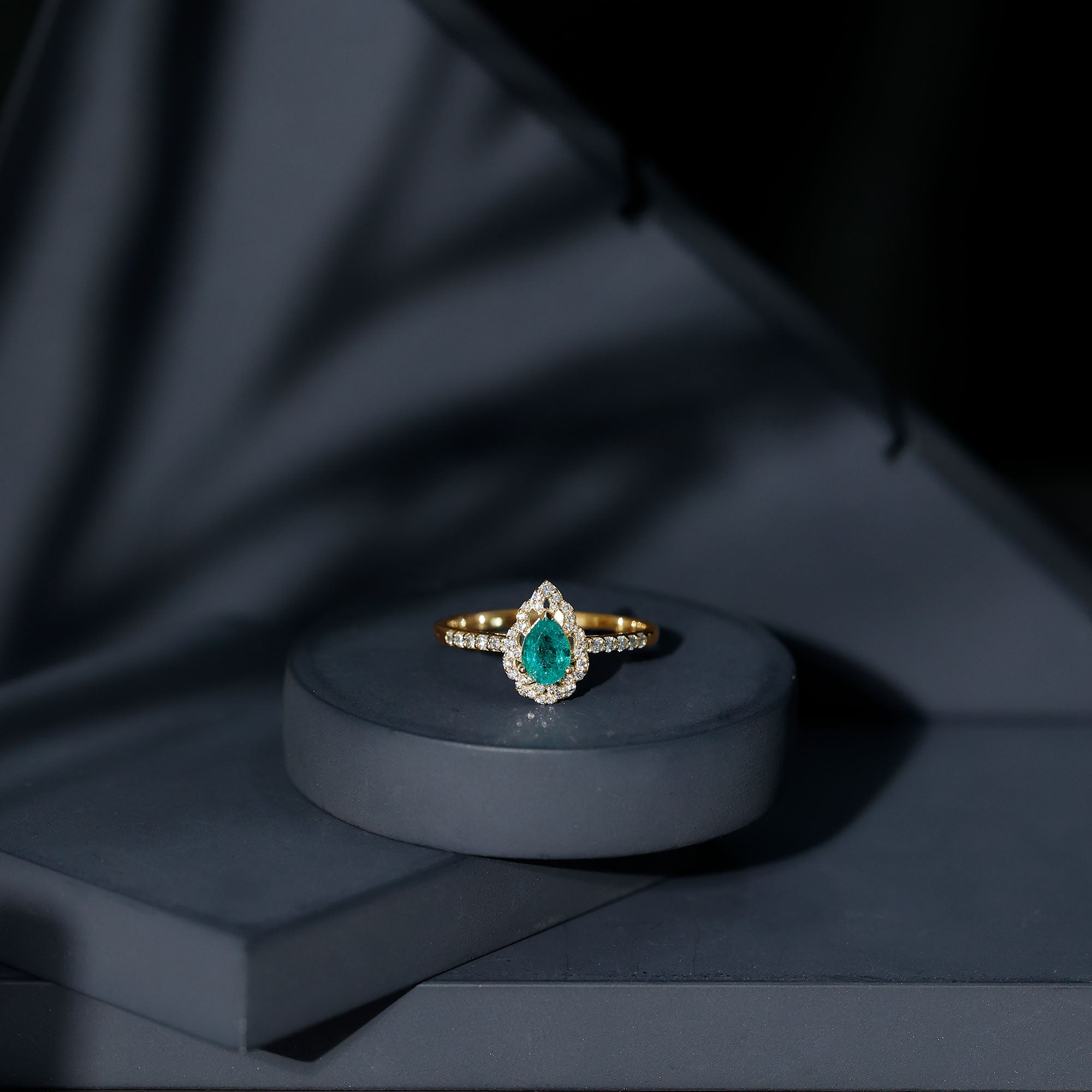 Pear Shaped Emerald Nature Engagement Ring with Diamond