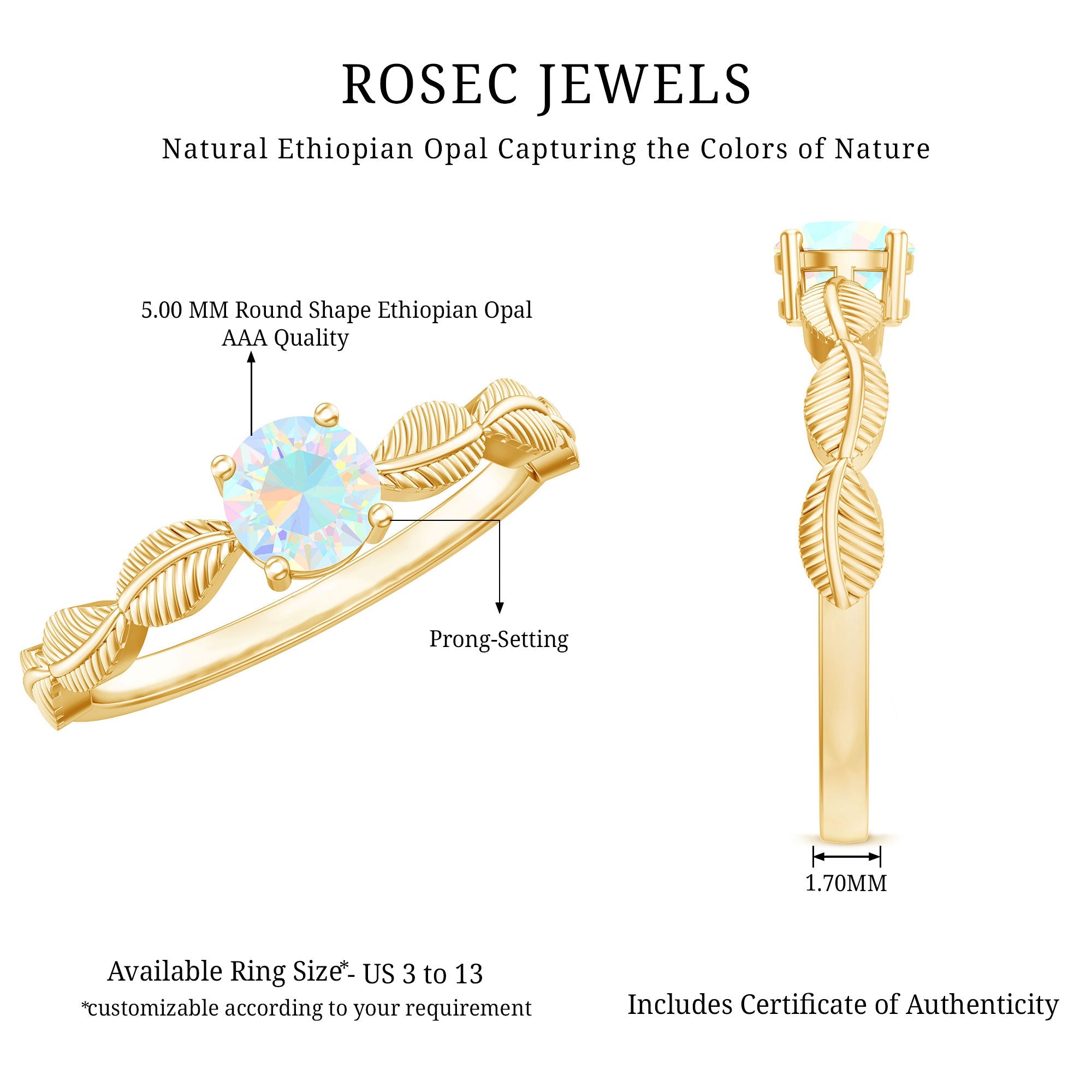 Nature Inspired Solitaire Ethiopian Rainbow Opal Leaf Ring
