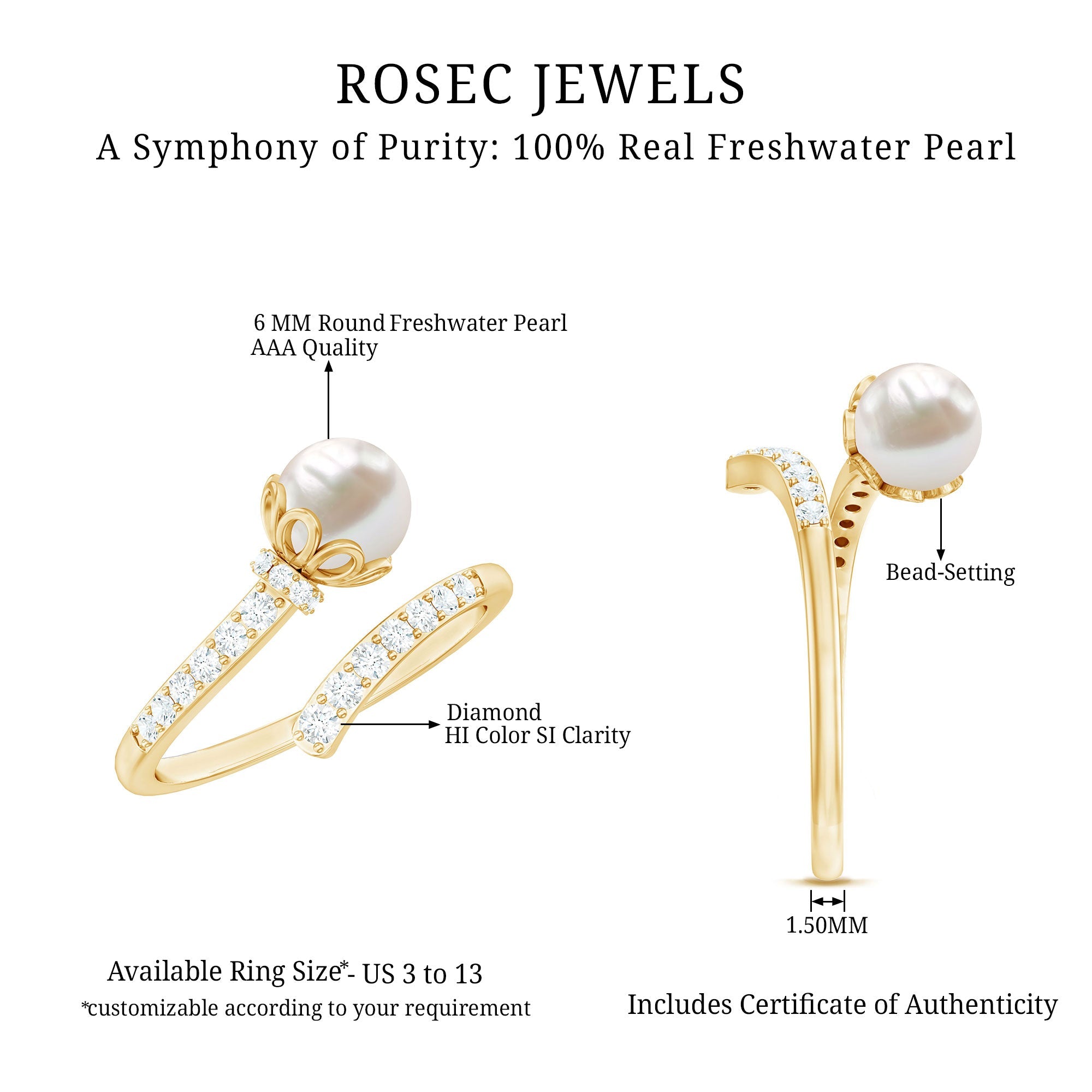 Natural 2 Carat Freshwater Pearl Wrap Ring with Diamond
