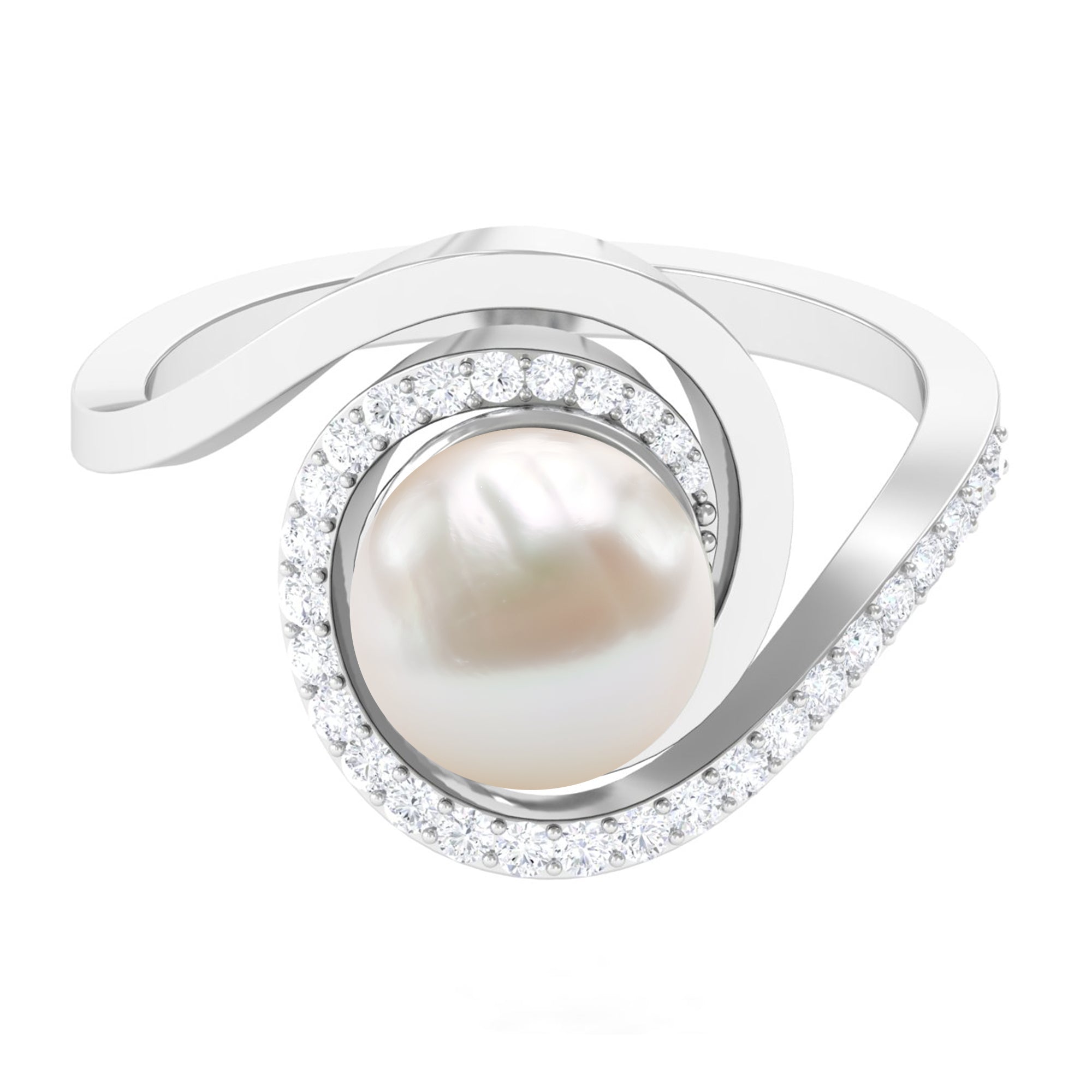 Natural 7.4 carat Freshwater Pearl Engagement Ring with Diamond Bypass Shank
