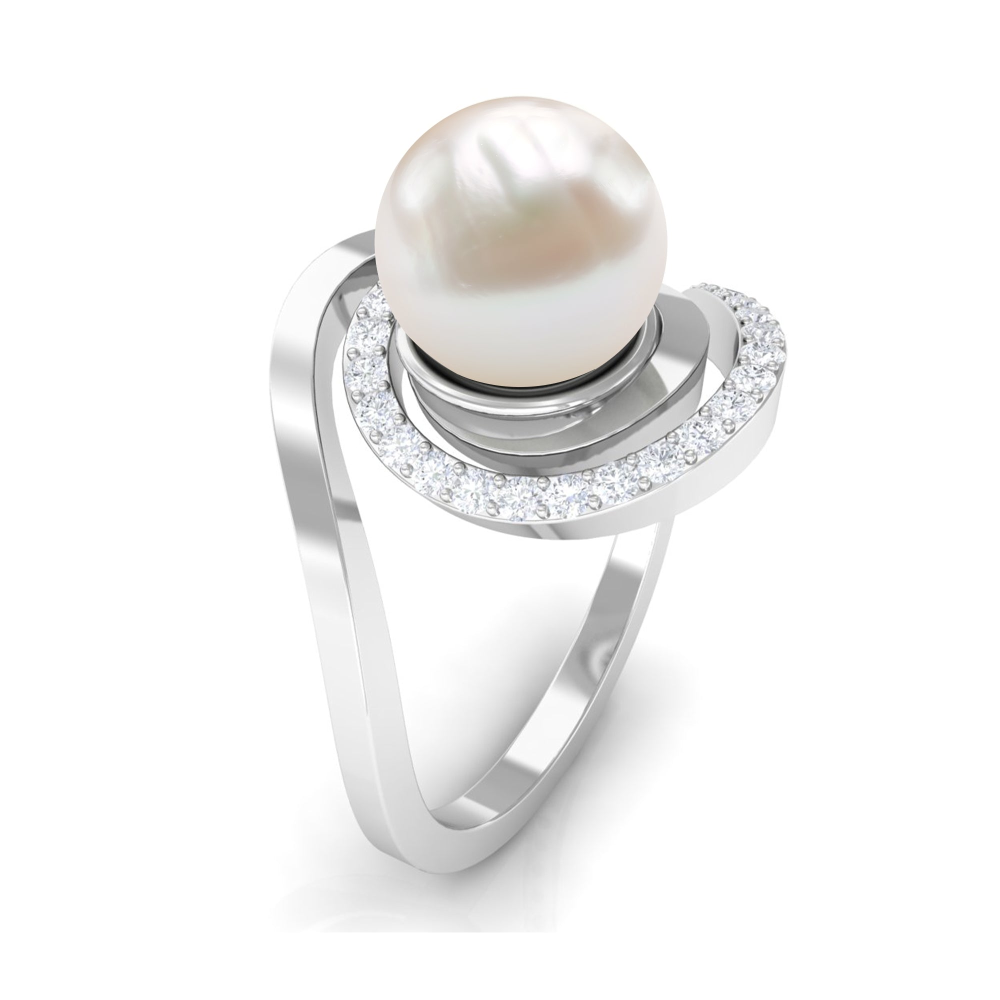 Natural 7.4 carat Freshwater Pearl Engagement Ring with Diamond Bypass Shank