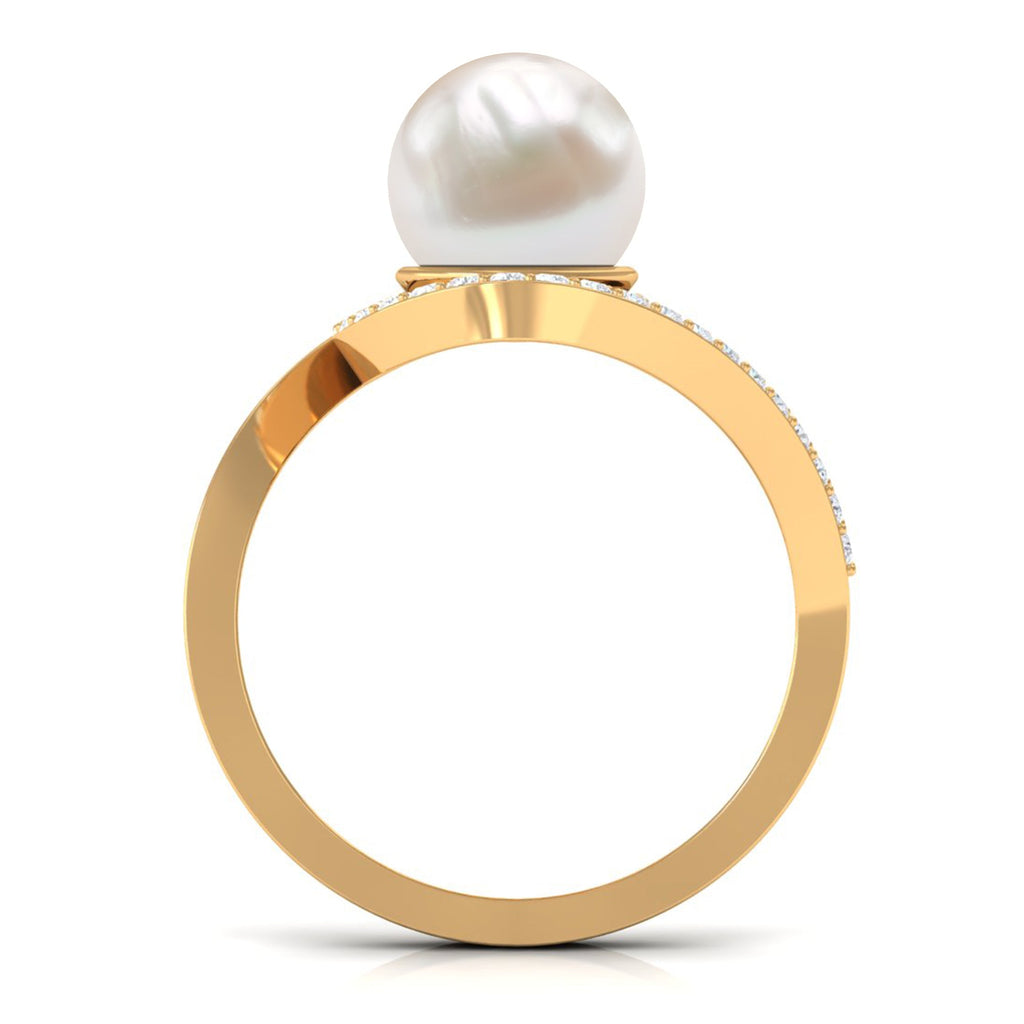 Natural 7.4 carat Freshwater Pearl Engagement Ring with Diamond Bypass Shank
