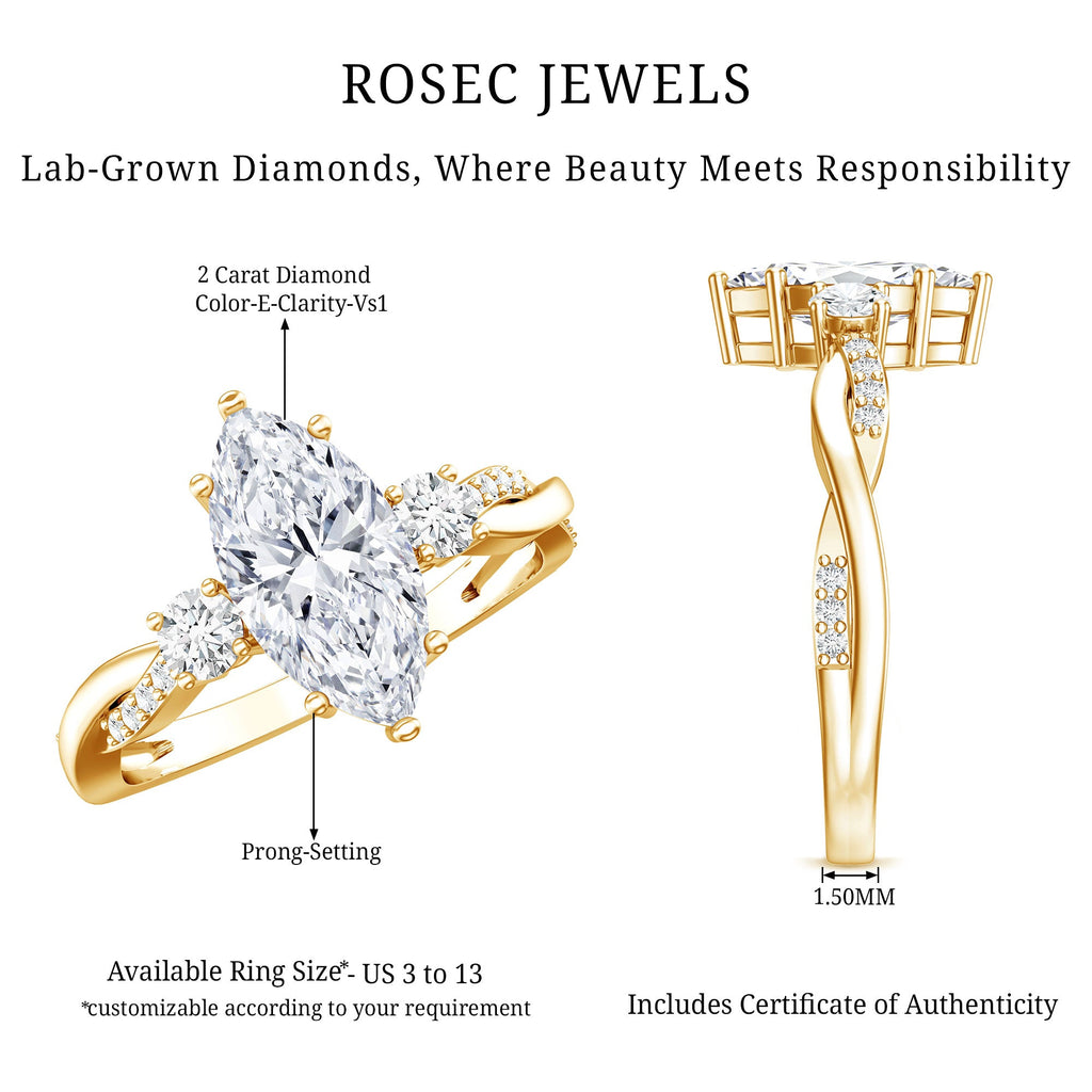 2 Carat Marquise Cut Lab Grown Diamond Crossover Engagement Ring with IGI Certificate