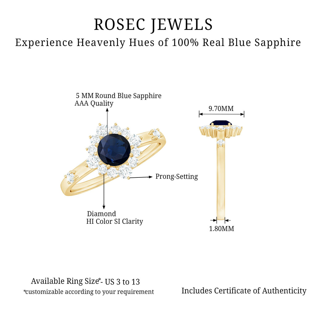Natural 0.9 Carat Blue Sapphire Engagement Ring with Diamond Halo
