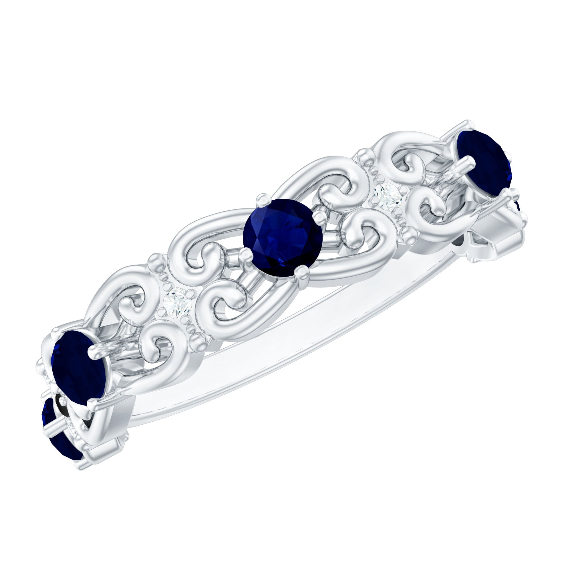 Blue Sapphire and Diamond Vintage Half Eternity Wedding Band