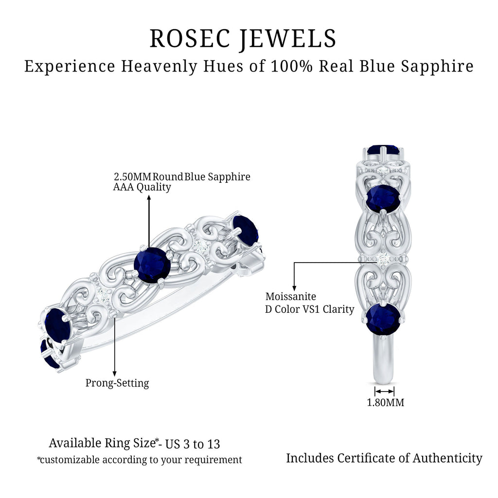 Blue Sapphire and Diamond Vintage Half Eternity Wedding Band
