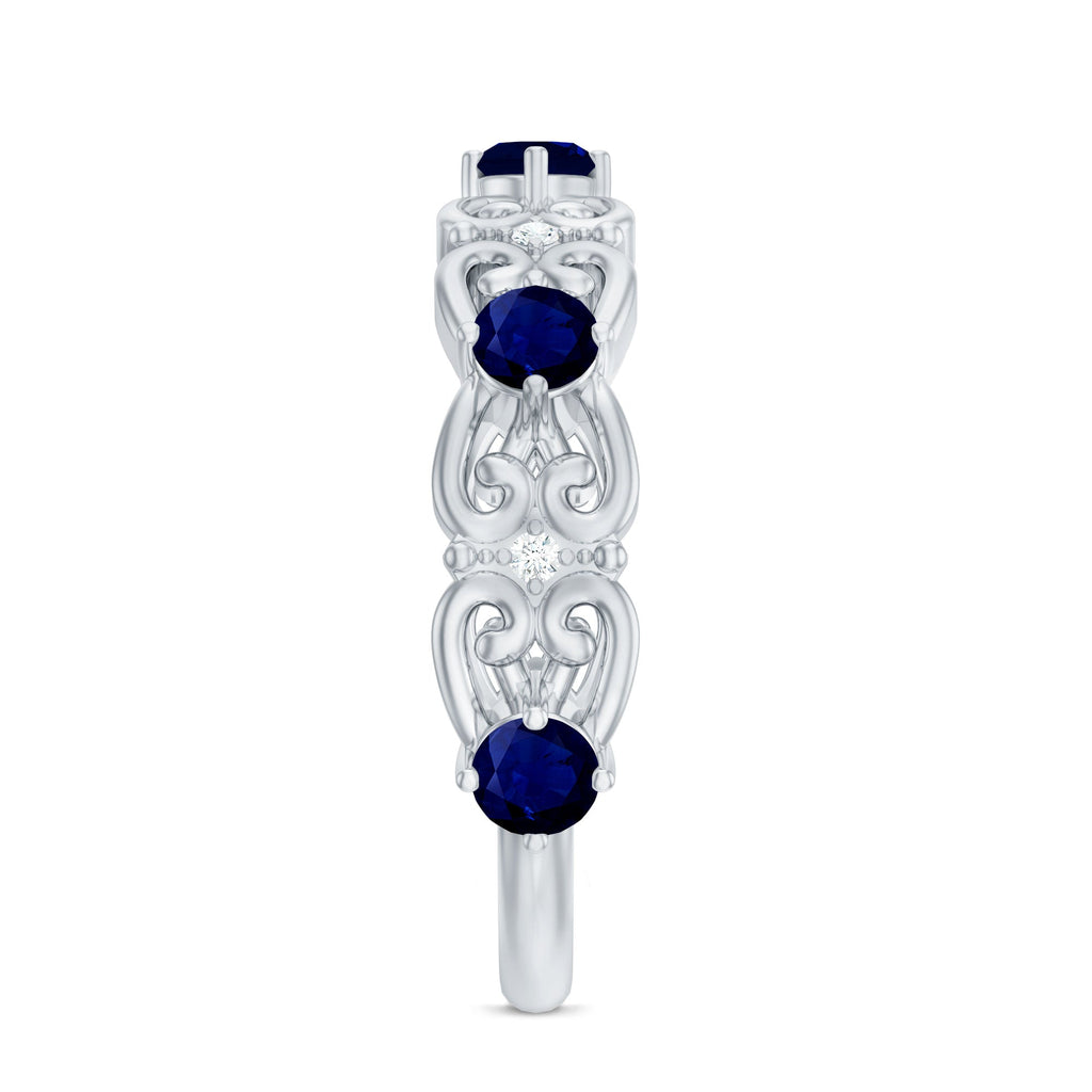 Blue Sapphire and Diamond Vintage Half Eternity Wedding Band