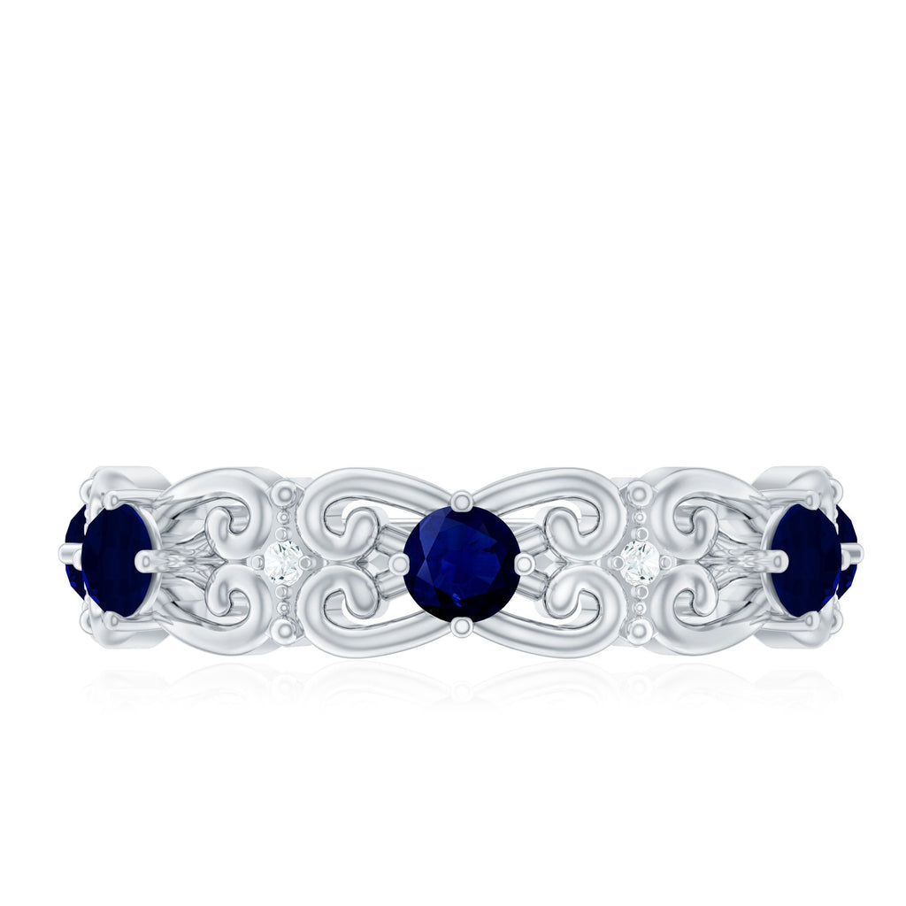 Blue Sapphire and Diamond Vintage Half Eternity Wedding Band