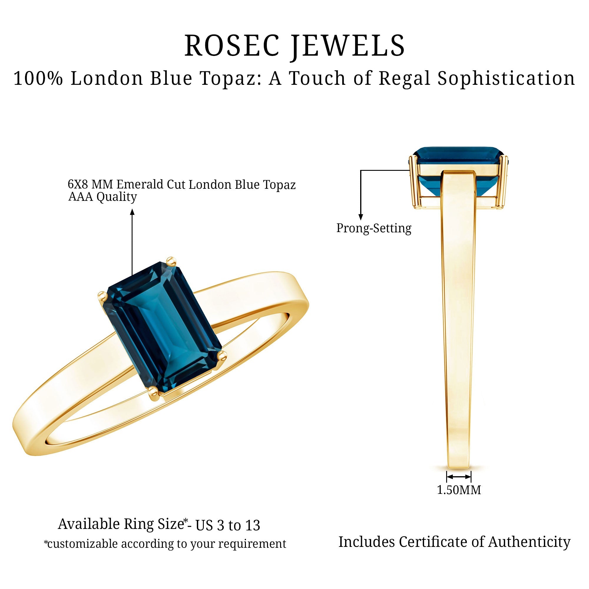 2.2 Carat Emerald Cut London Blue Topaz Solitaire Ring with Certificate