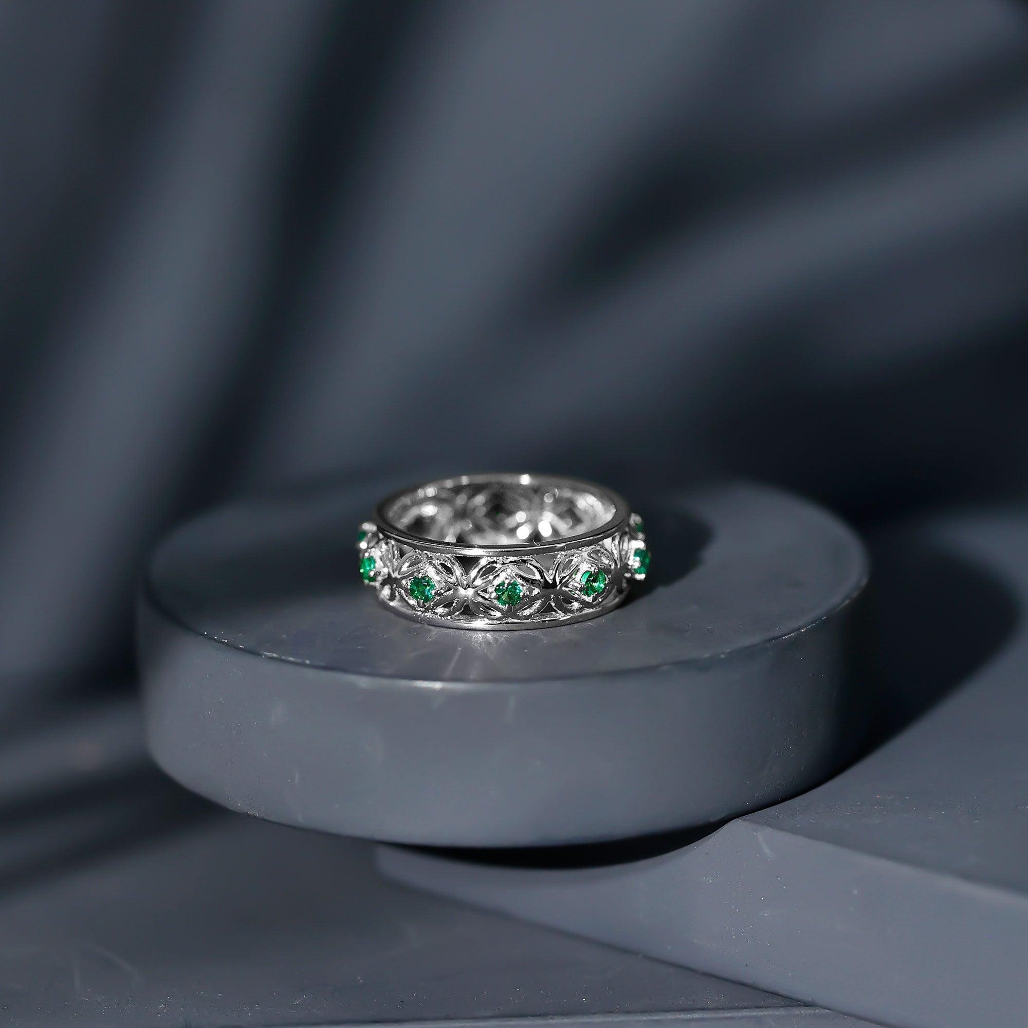 Vintage Looking Lab Grown Emerald Wedding Band for Women