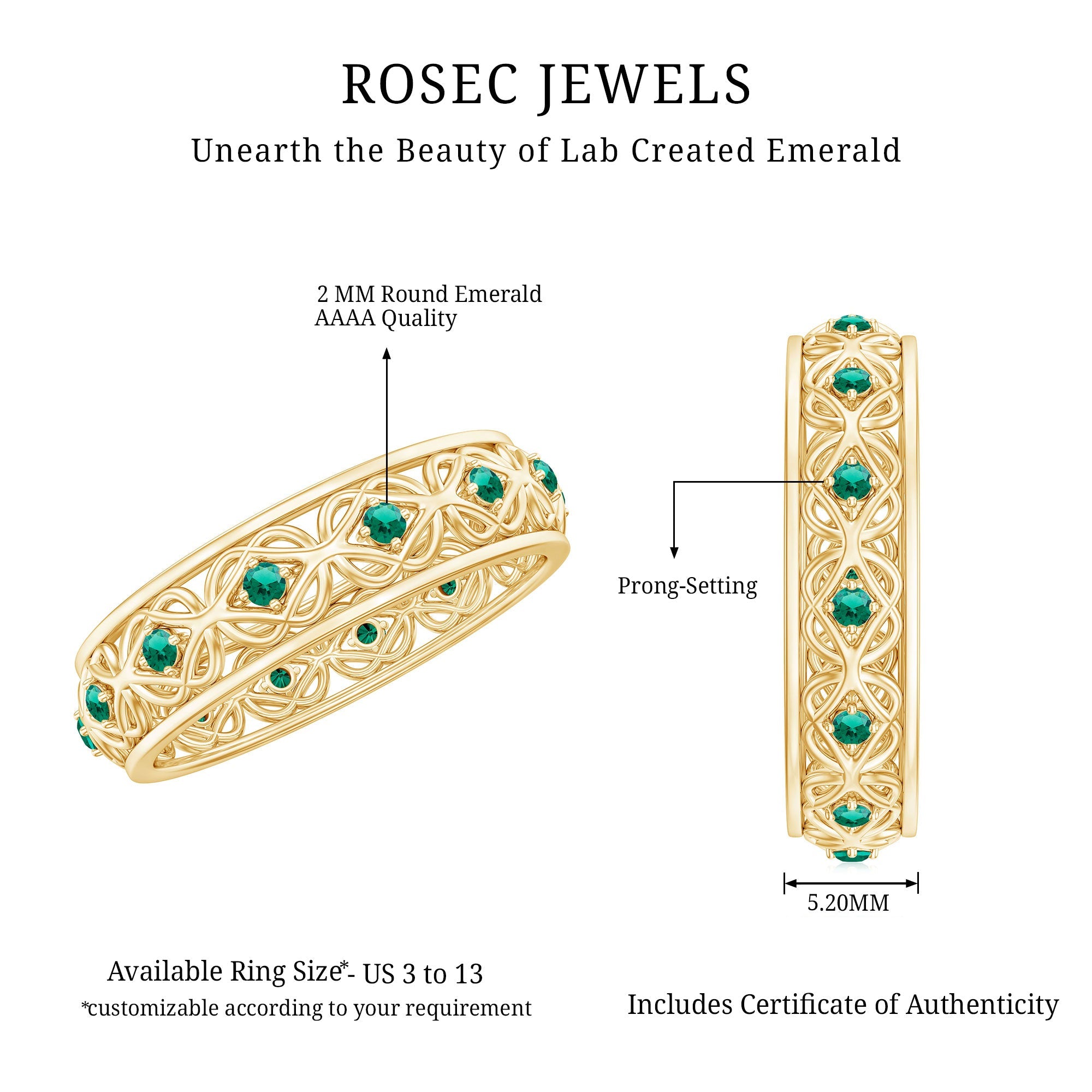 Vintage Looking Lab Grown Emerald Wedding Band for Women
