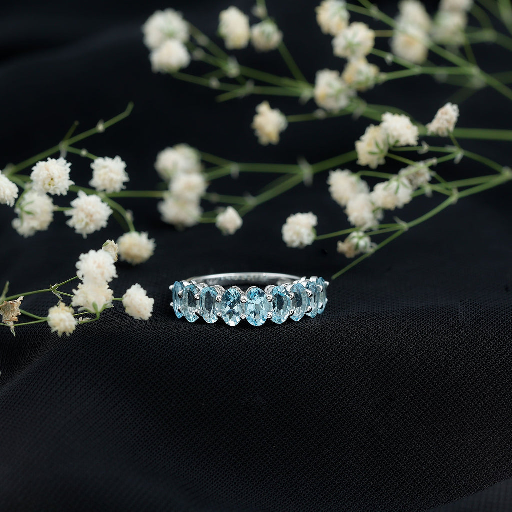 Genuine Oval Cut Aquamarine Half Eternity Ring for Women