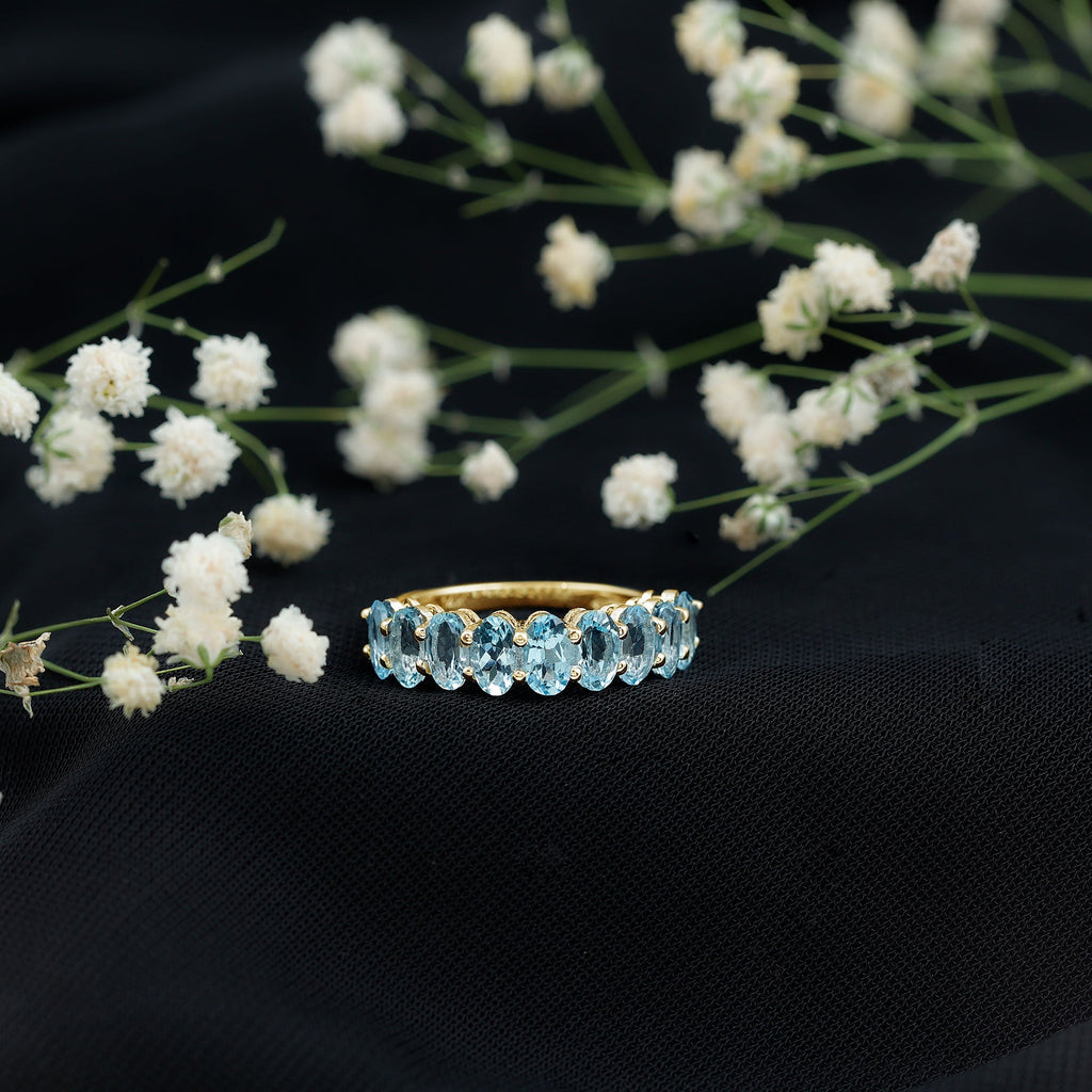 Genuine Oval Cut Aquamarine Half Eternity Ring for Women