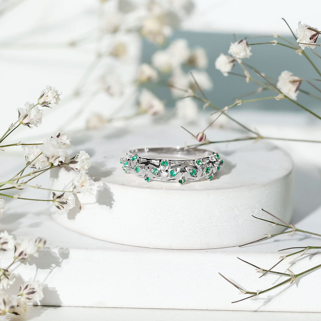 Natural Emerald Filigree Wedding Band for Women