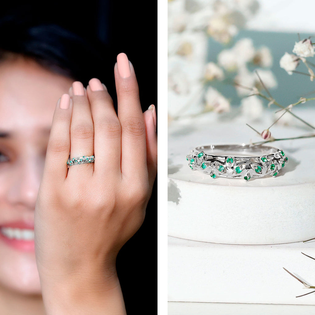 Natural Emerald Filigree Wedding Band for Women