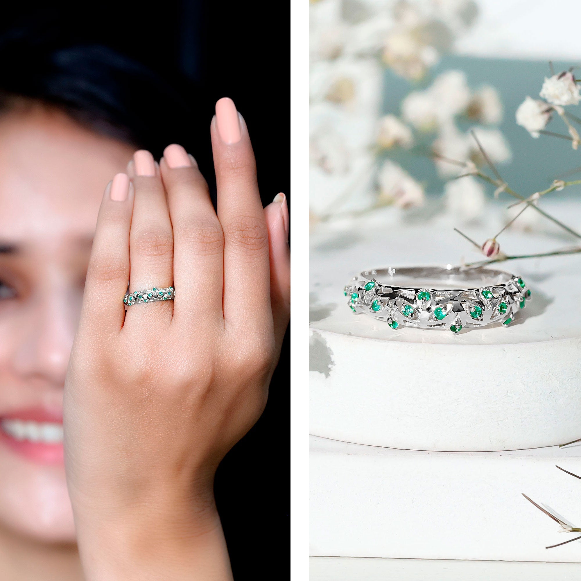 Natural Emerald Filigree Wedding Band for Women