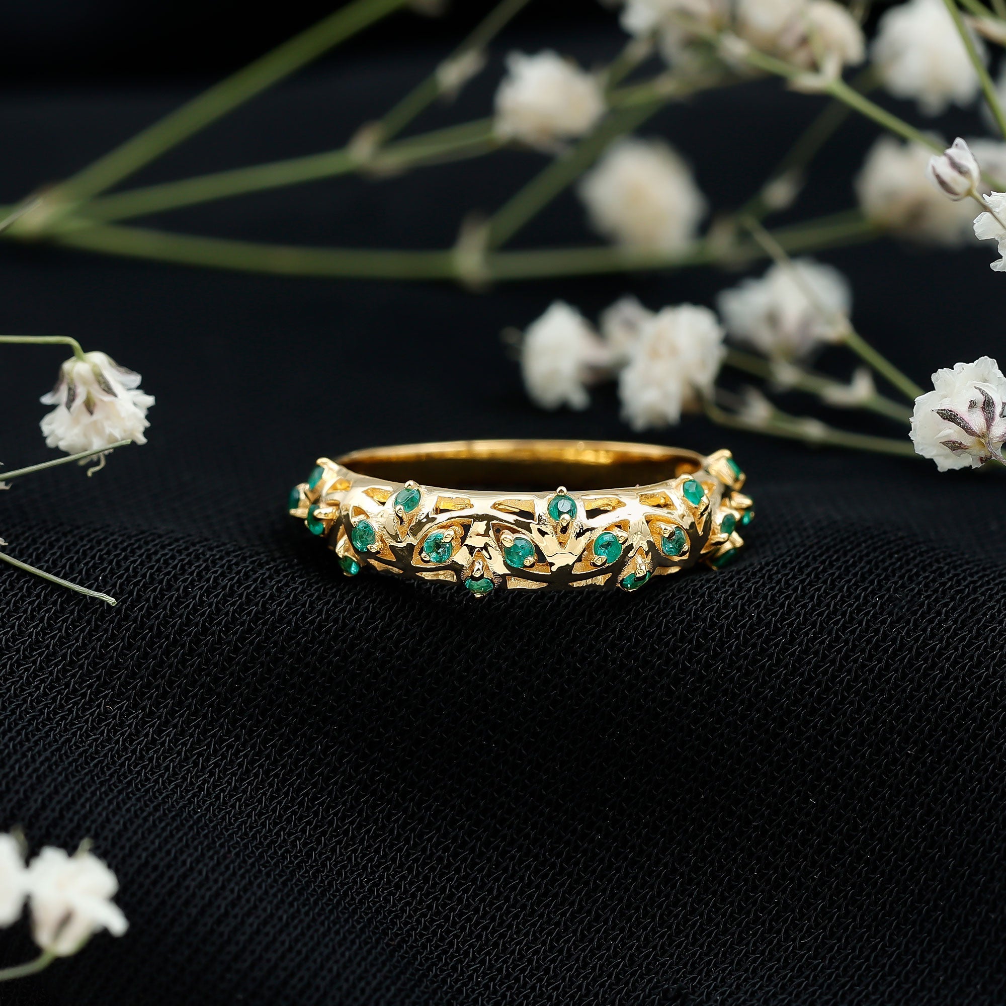 Natural Emerald Filigree Wedding Band for Women