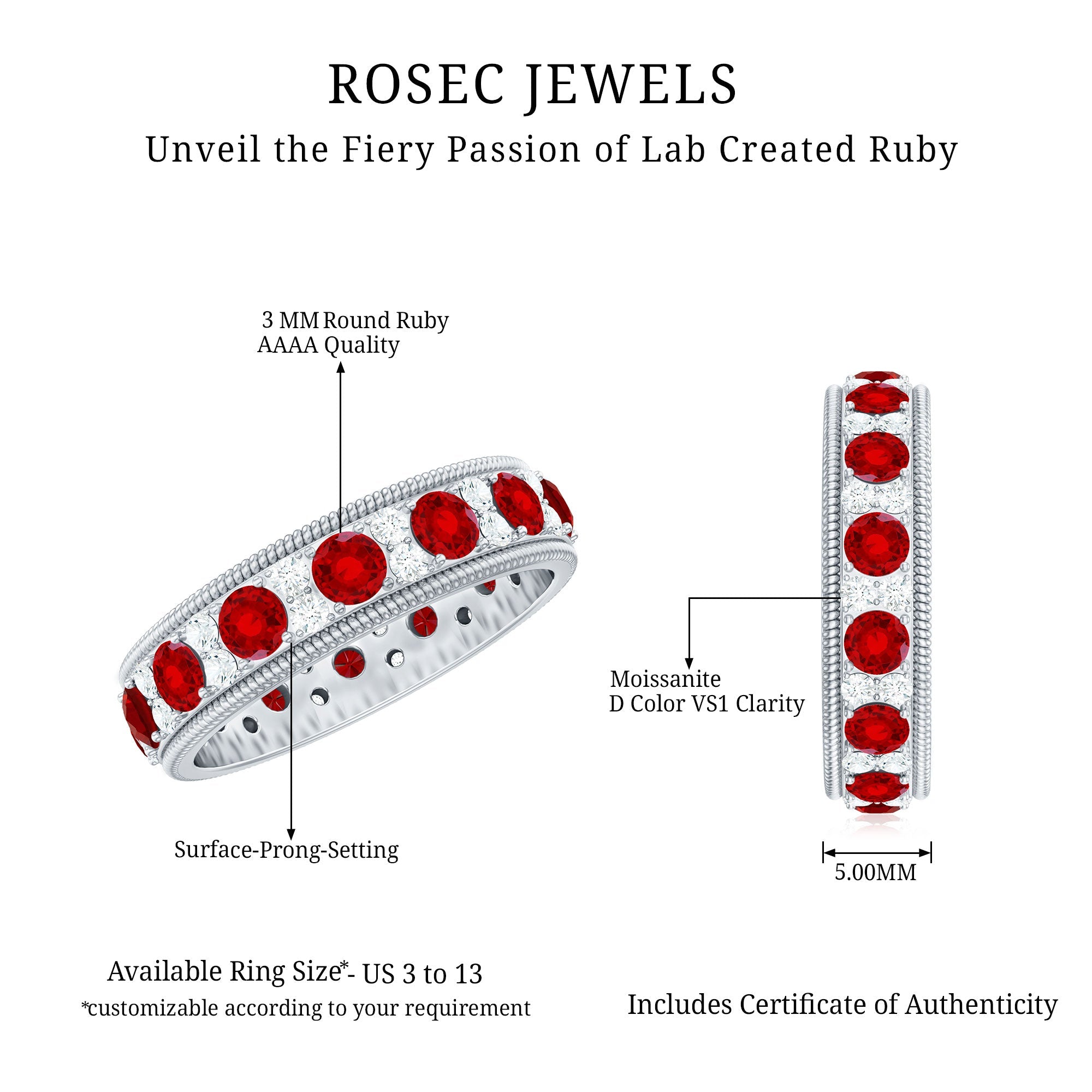 Round Cut Lab Created Ruby and Diamond Wedding Band