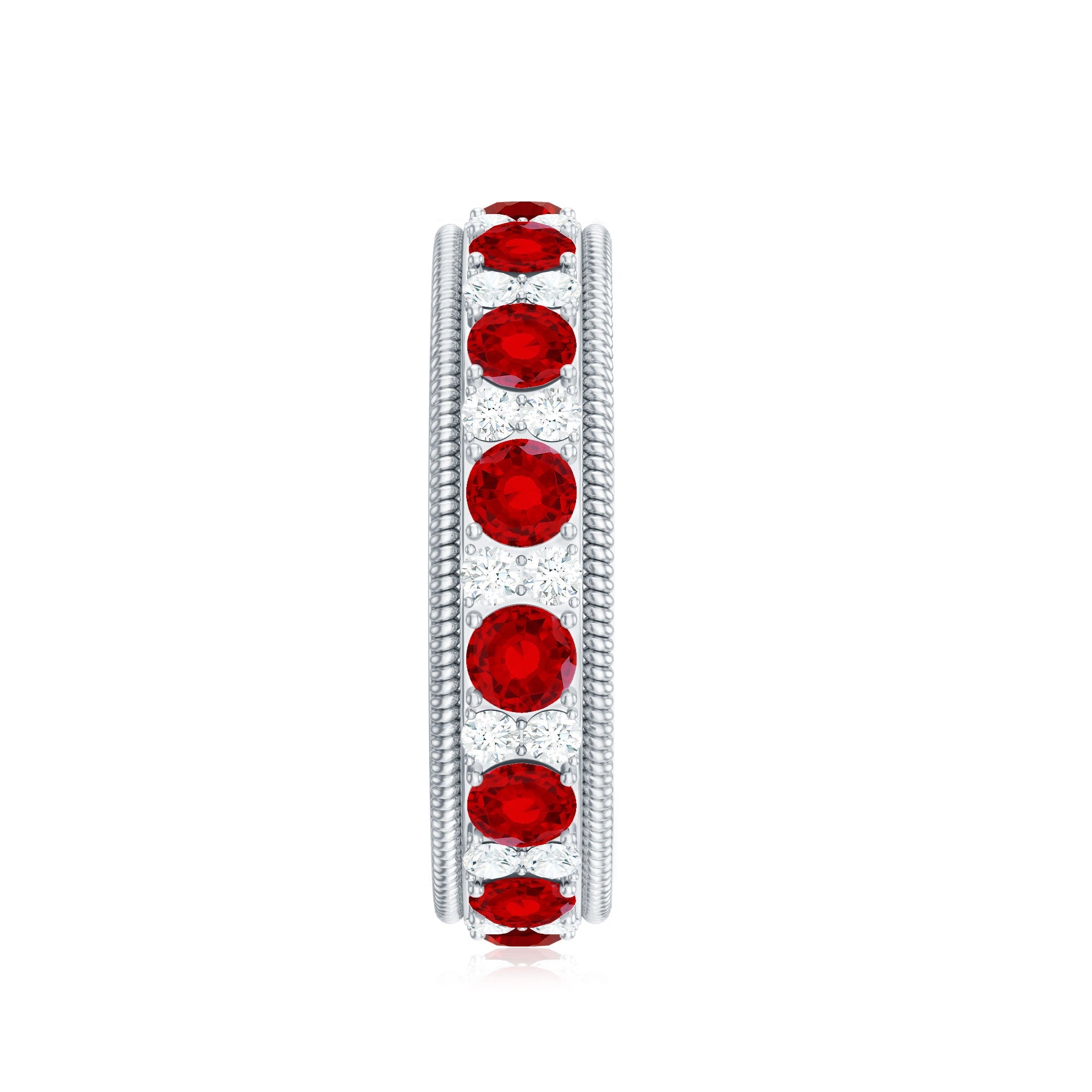 Round Cut Lab Created Ruby and Diamond Wedding Band