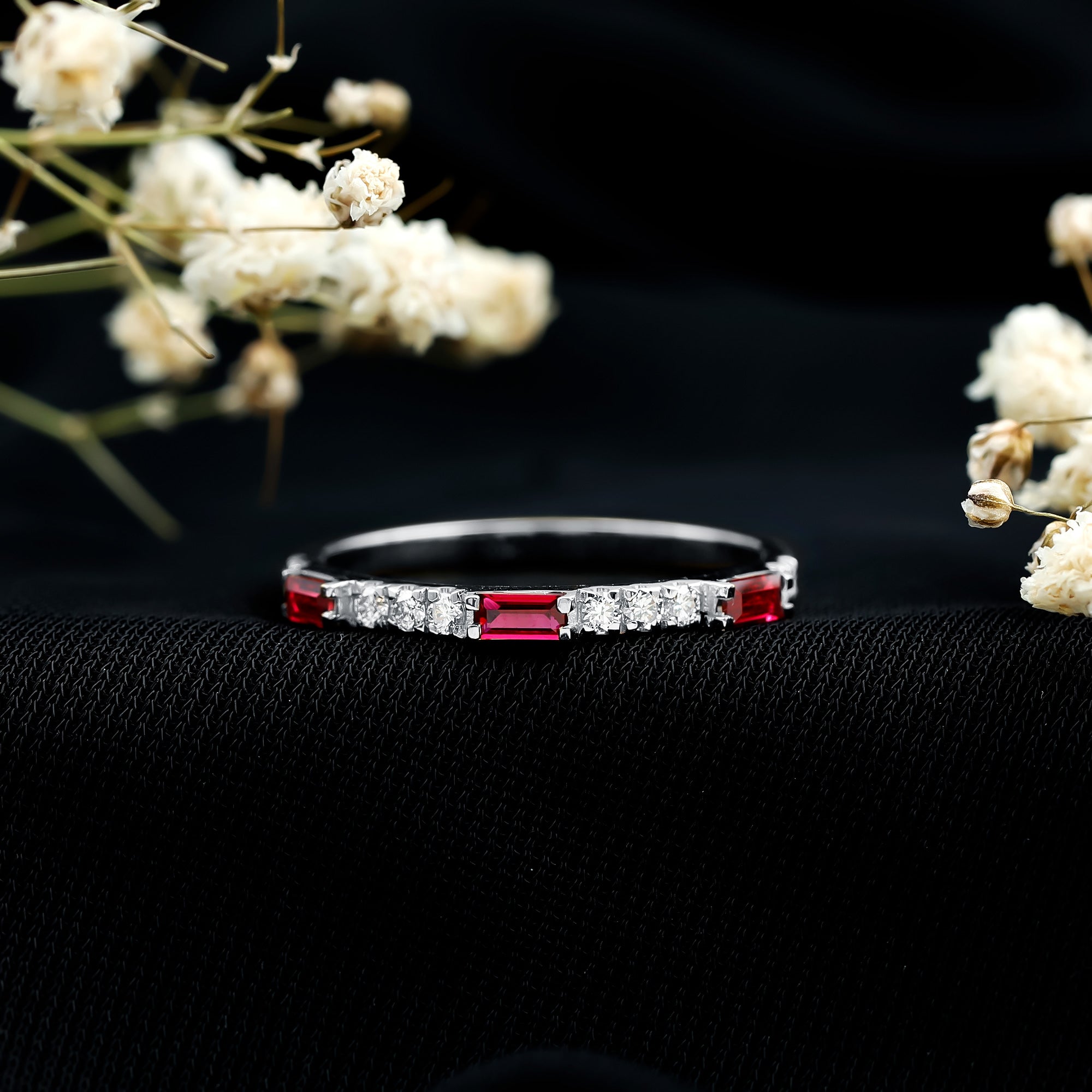 Baguette Cut Lab Grown Ruby Vintage Eternity Band with Diamond