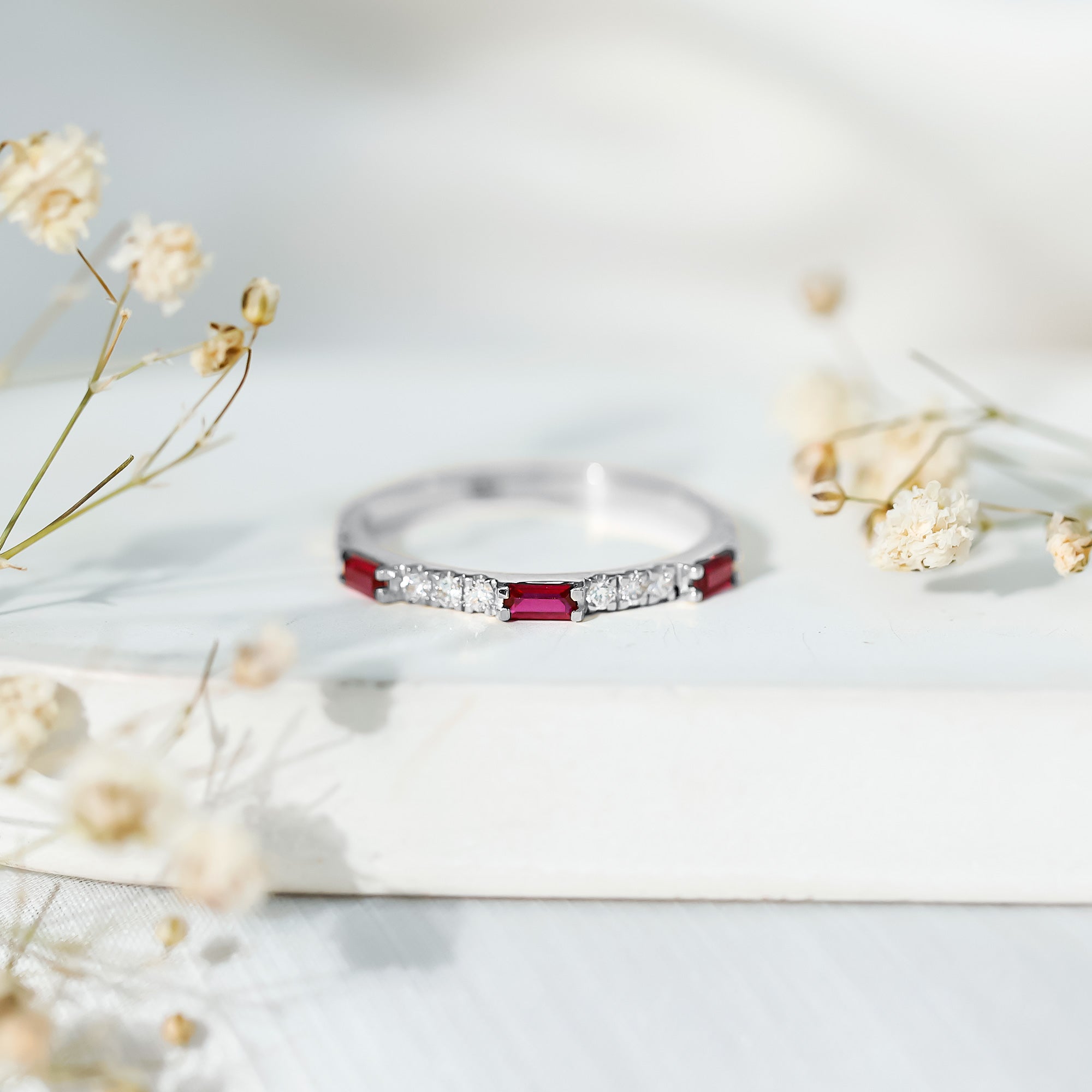 Baguette Cut Lab Grown Ruby Vintage Eternity Band with Diamond