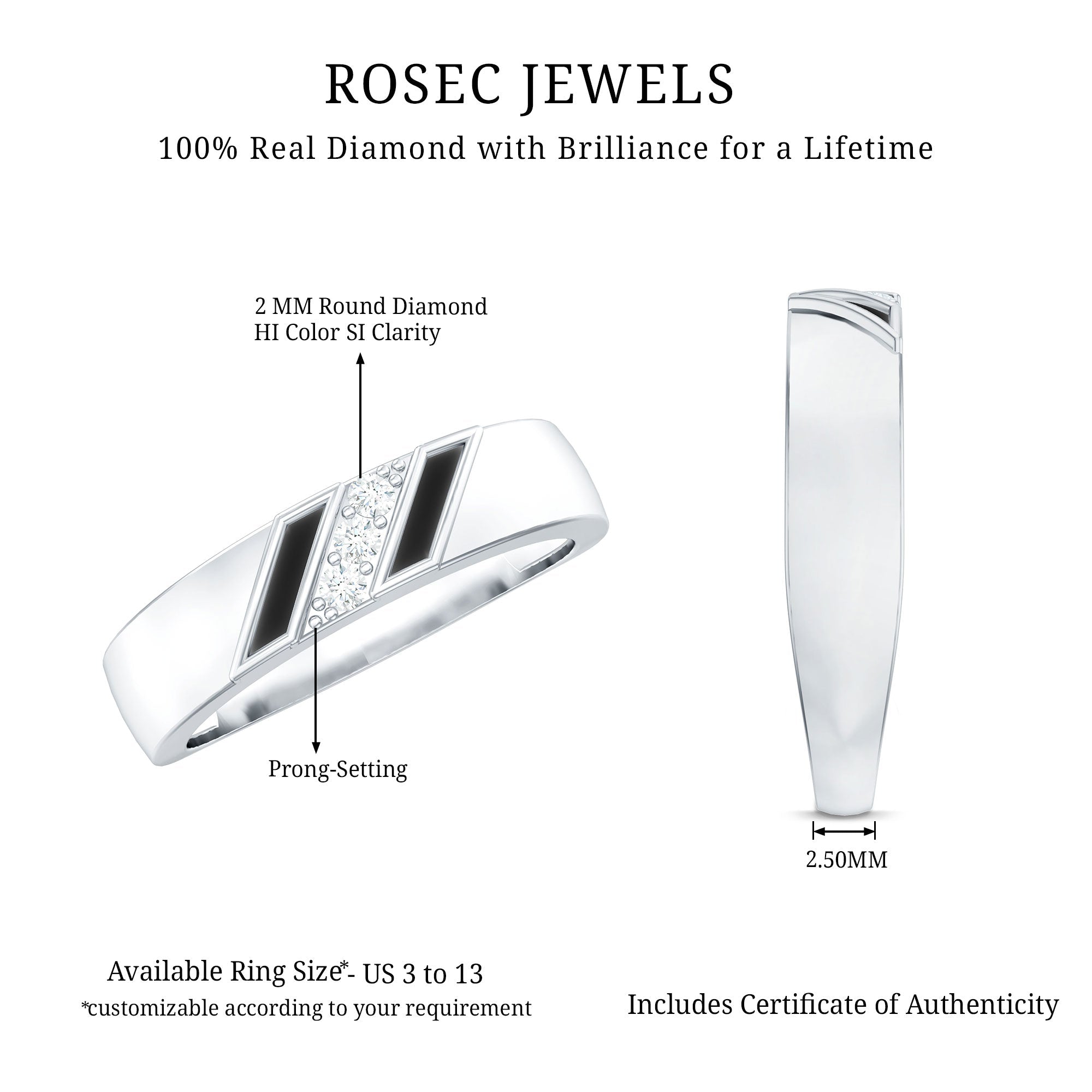 Natural Mens Diamond Wedding Band with Black Enamel