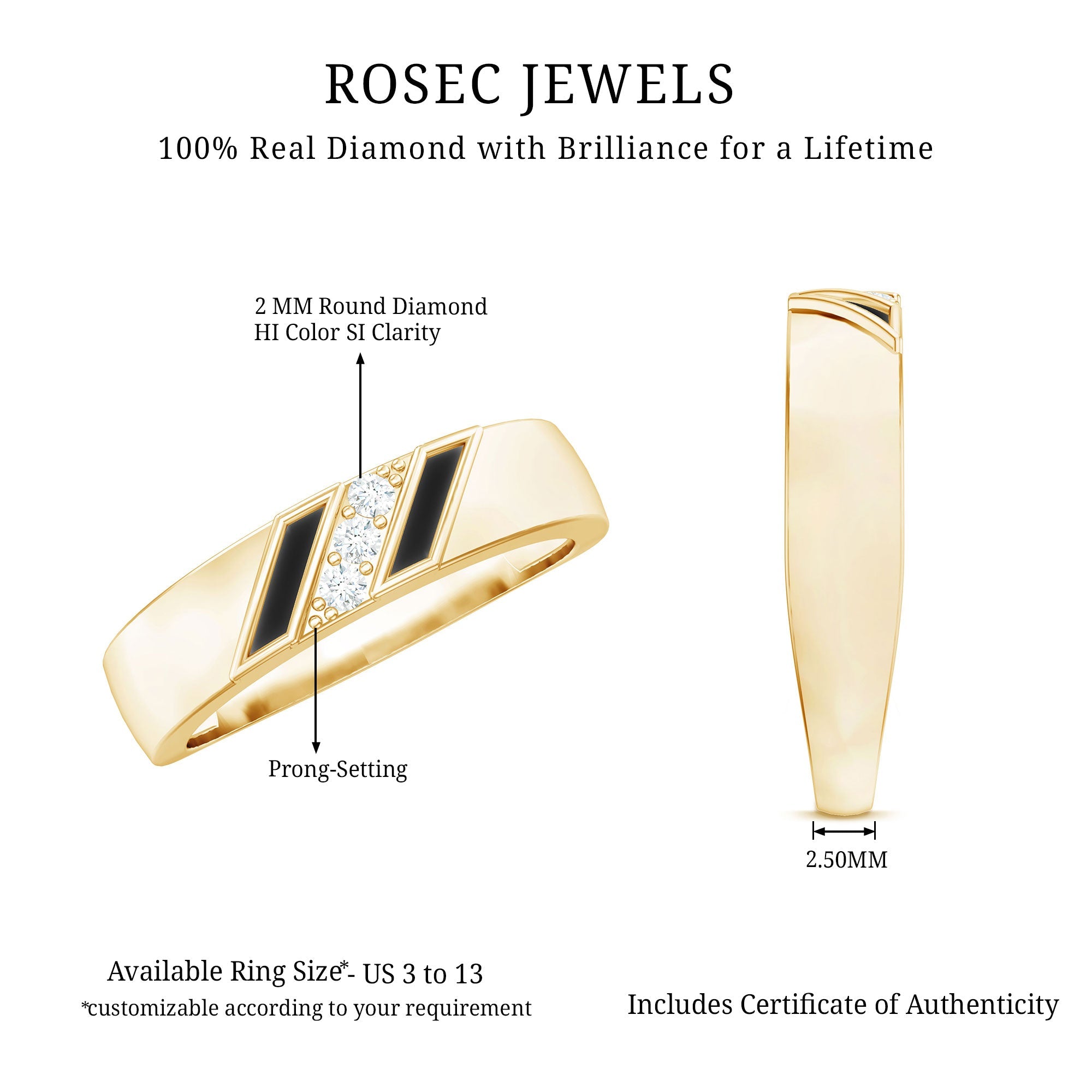 Natural Mens Diamond Wedding Band with Black Enamel