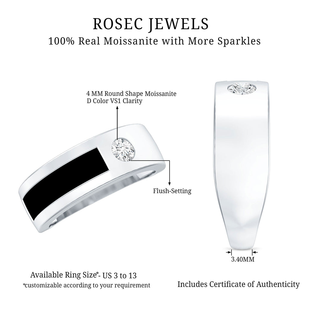 Classic Moissanite Mens Wedding Band with Black Enamel