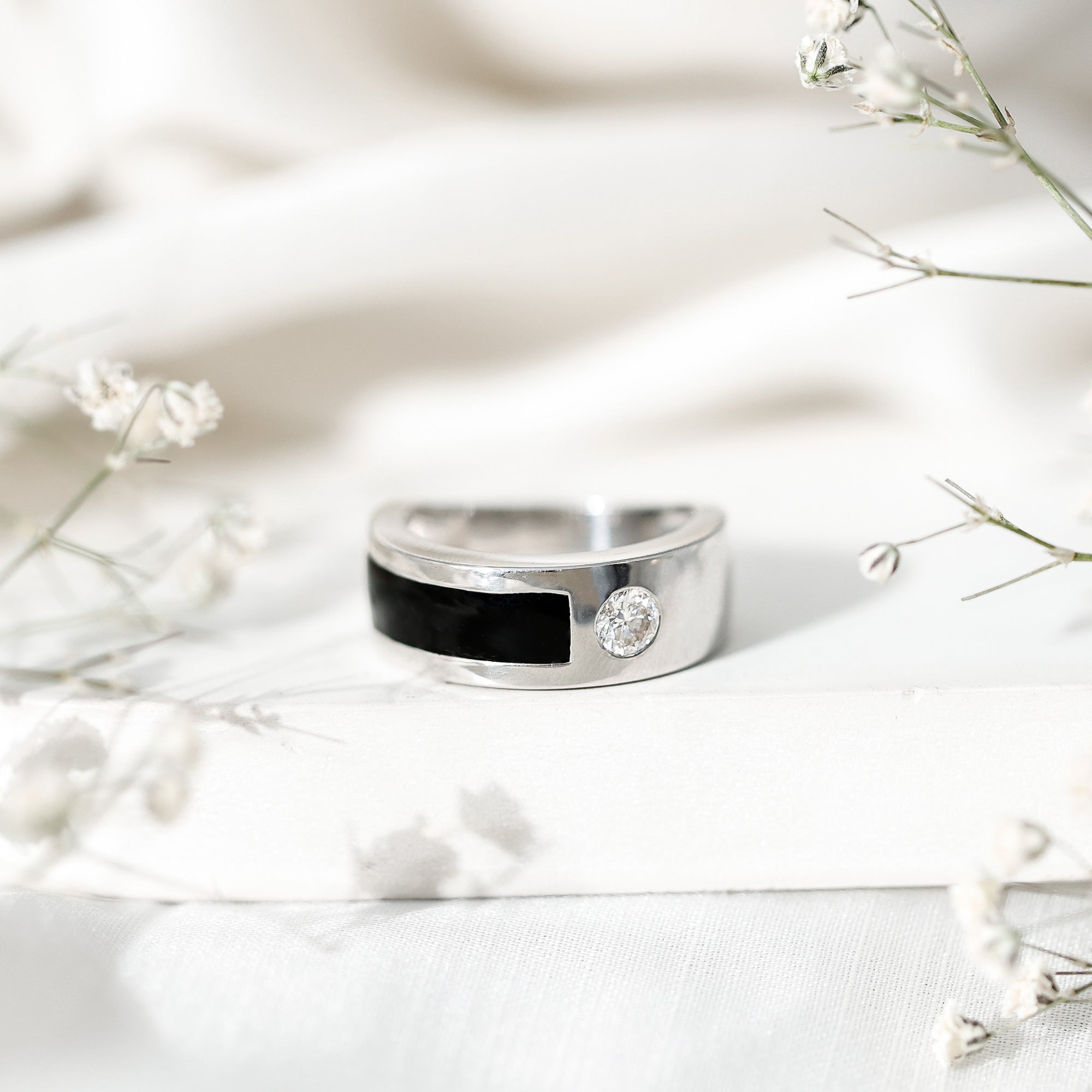Classic Moissanite Mens Wedding Band with Black Enamel