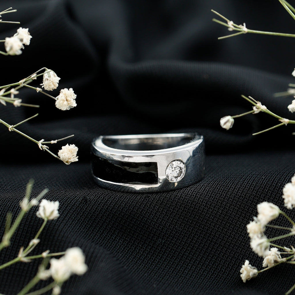 Classic Moissanite Mens Wedding Band with Black Enamel