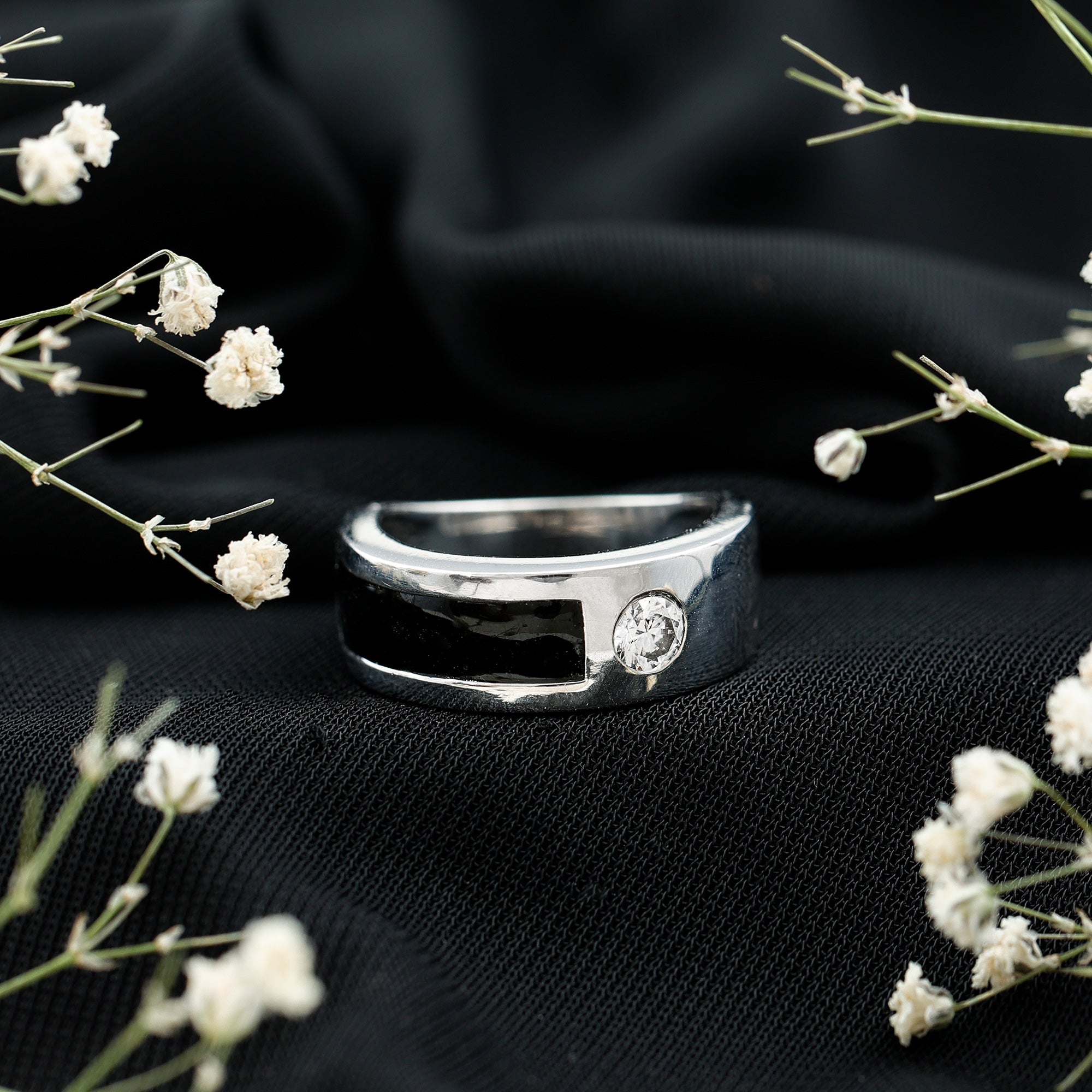 Classic Moissanite Mens Wedding Band with Black Enamel