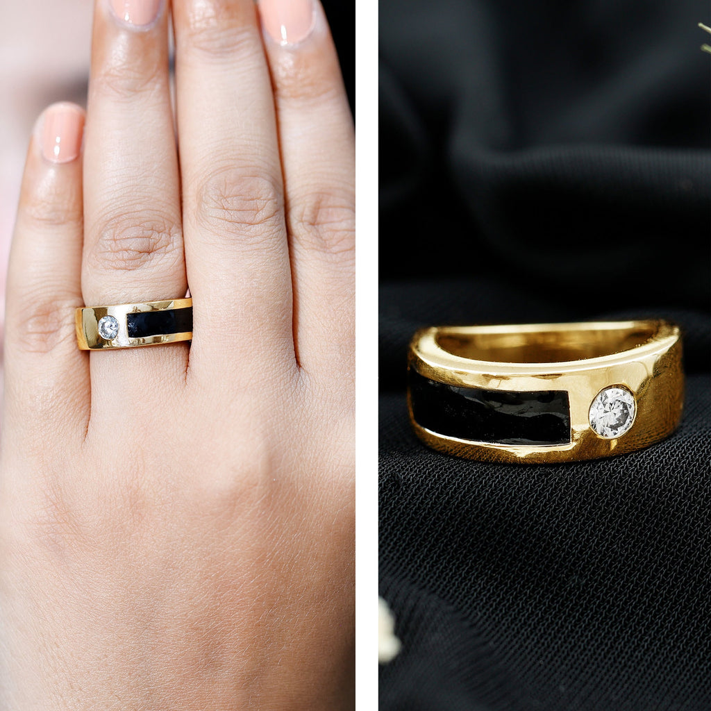 Classic Moissanite Mens Wedding Band with Black Enamel