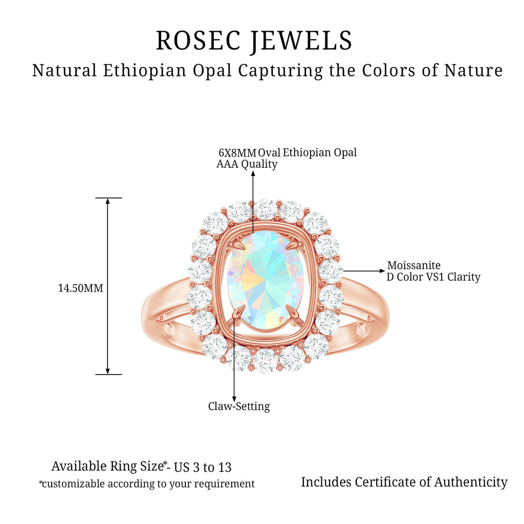 1.2 Carat Oval Cut Ethiopian Opal Halo Engagement Ring with Moissanite