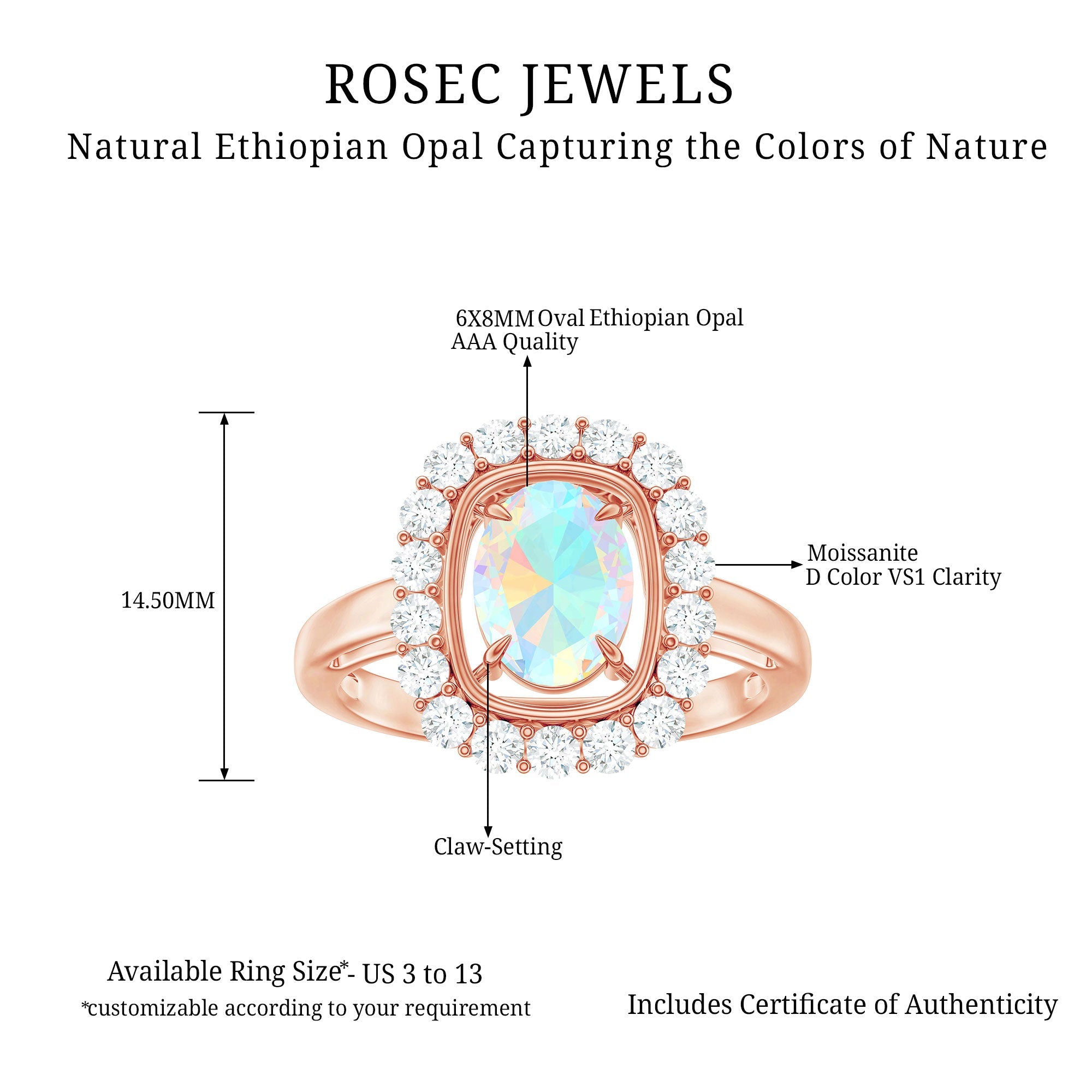 1.2 Carat Oval Cut Ethiopian Opal Halo Engagement Ring with Moissanite
