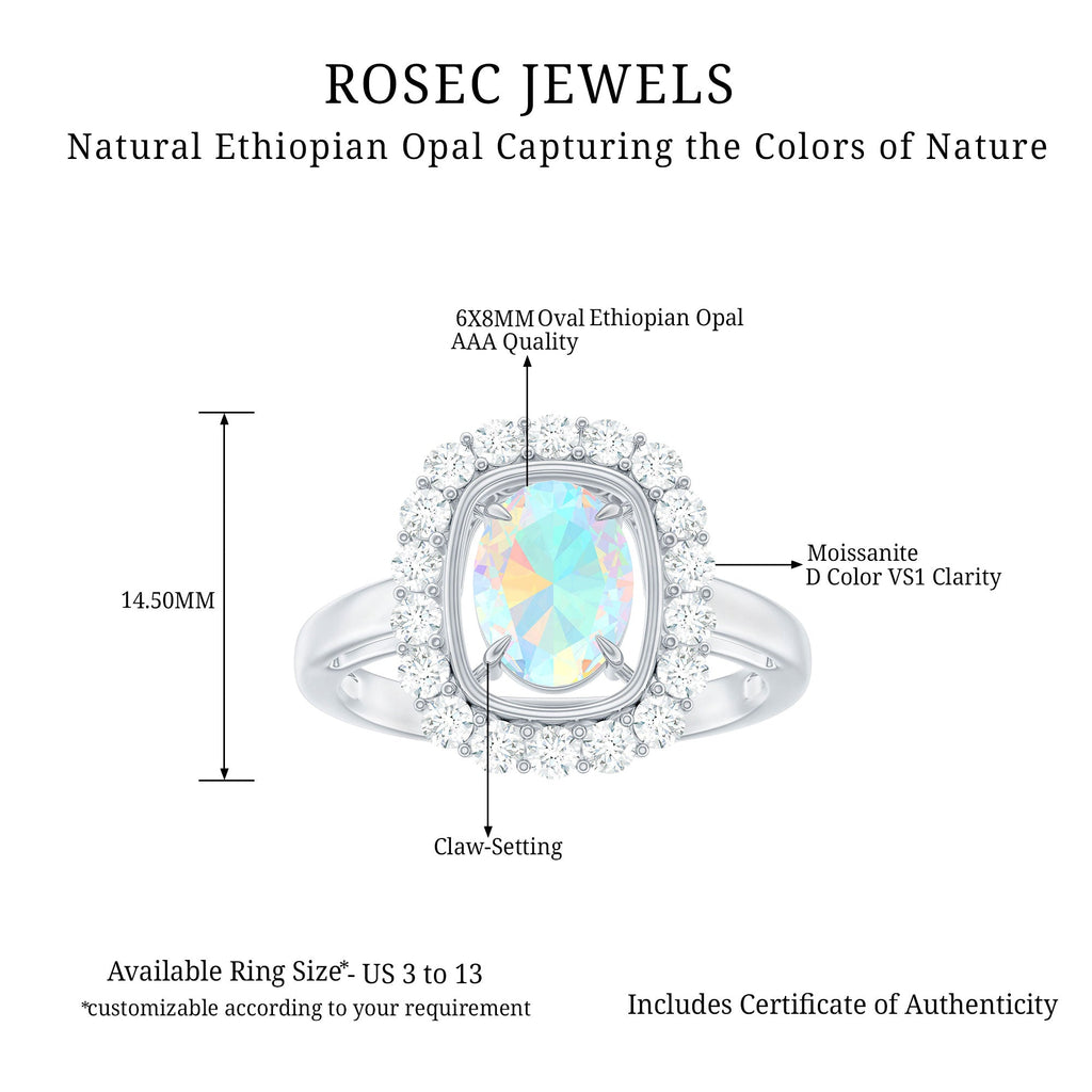 1.2 Carat Oval Cut Ethiopian Opal Halo Engagement Ring with Moissanite
