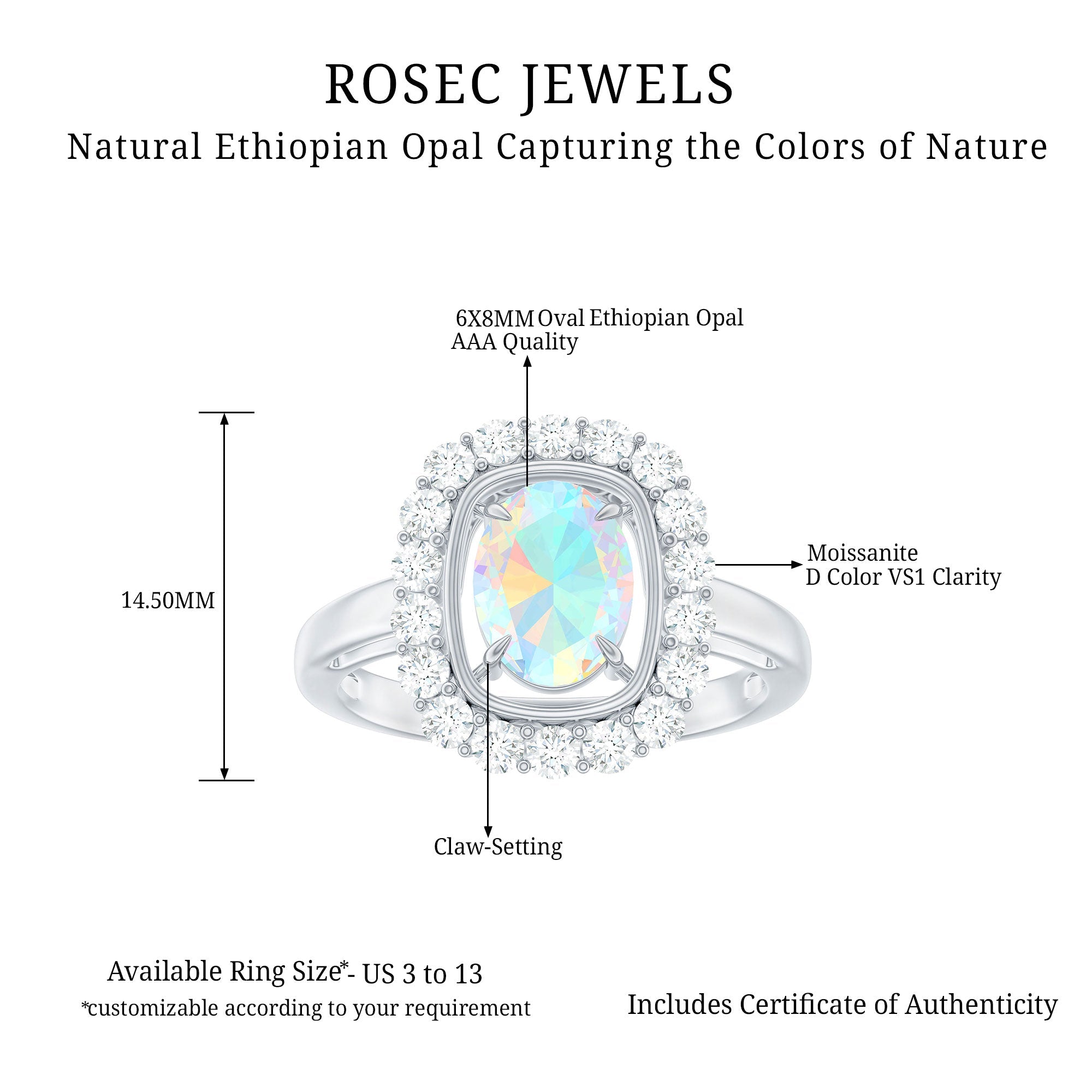 1.2 Carat Oval Cut Ethiopian Opal Halo Engagement Ring with Moissanite