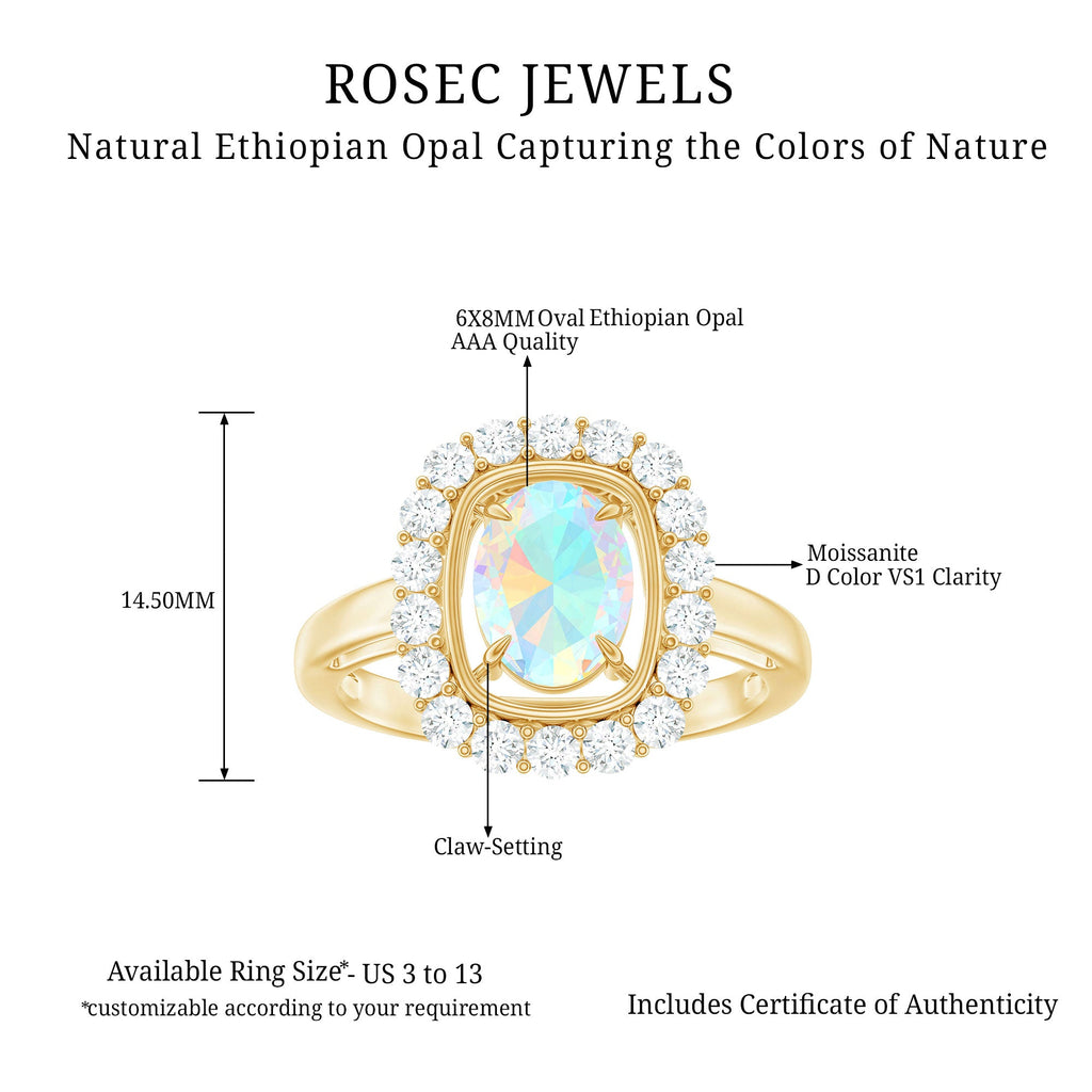 1.2 Carat Oval Cut Ethiopian Opal Halo Engagement Ring with Moissanite