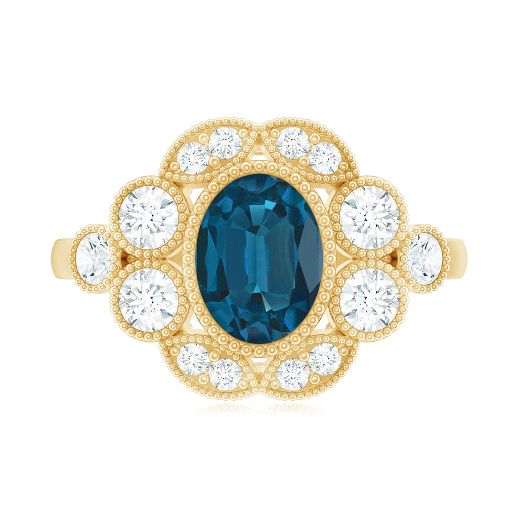 Real Oval London Blue Topaz Vintage Engagement Ring with Diamond