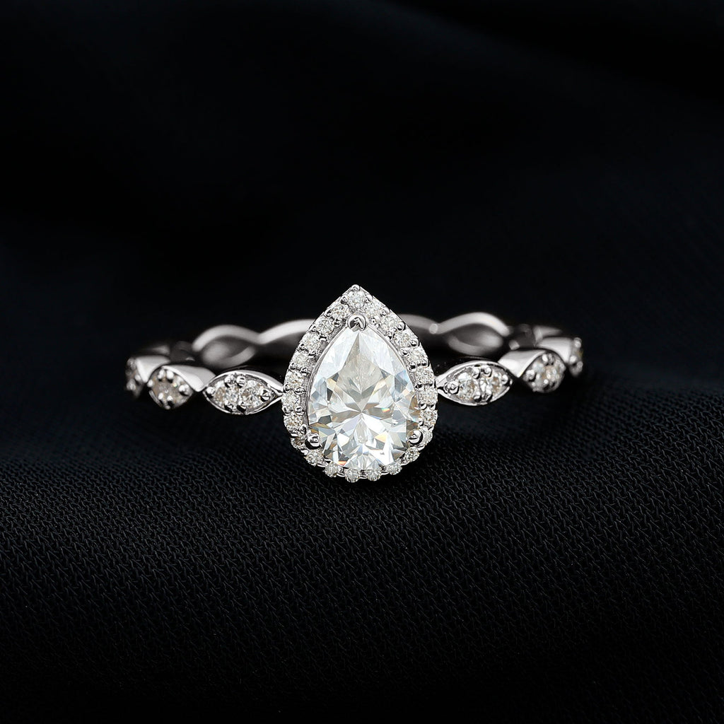 Moissanite Teardrop Engagement Ring with Scalloped Shank