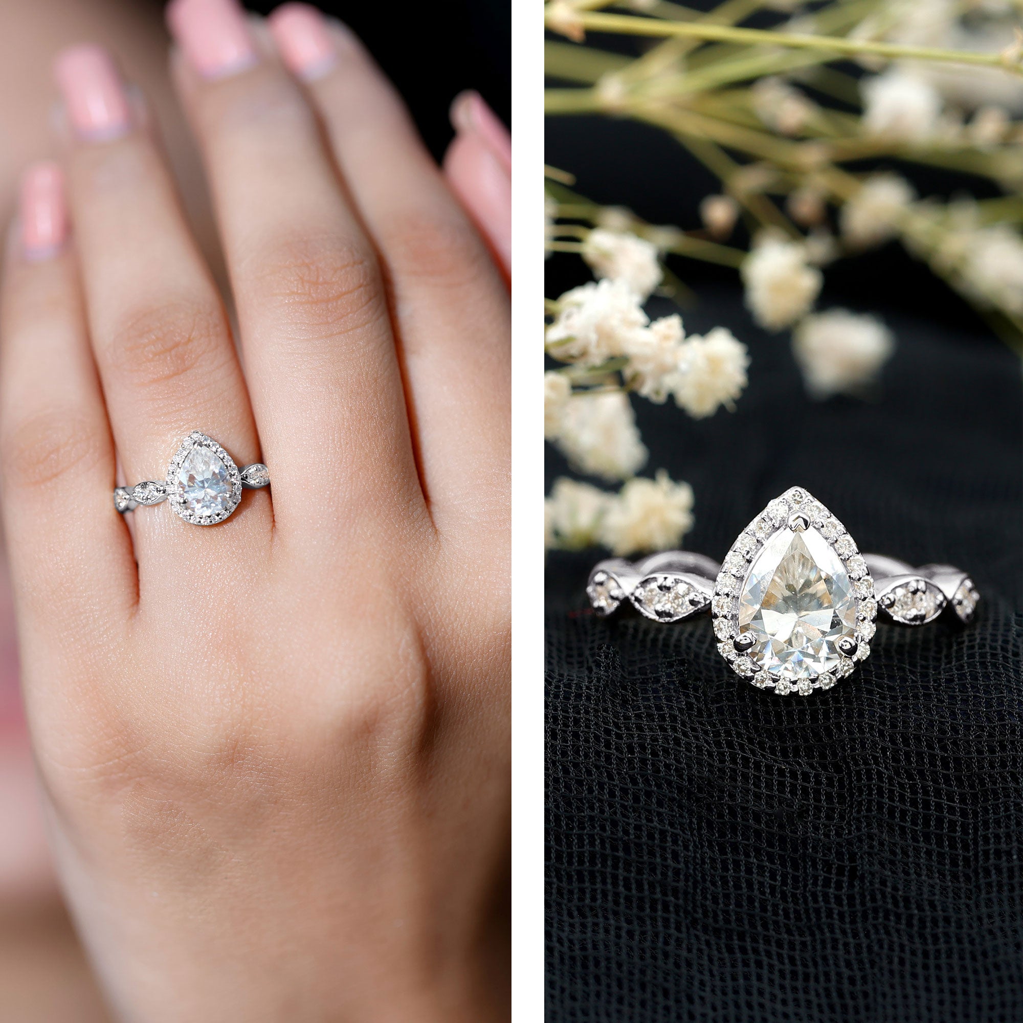 Moissanite Teardrop Engagement Ring with Scalloped Shank
