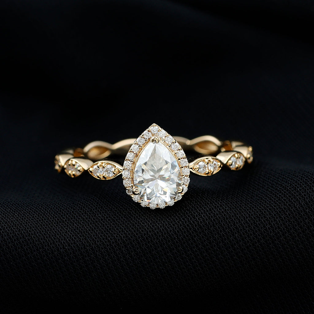 Moissanite Teardrop Engagement Ring with Scalloped Shank