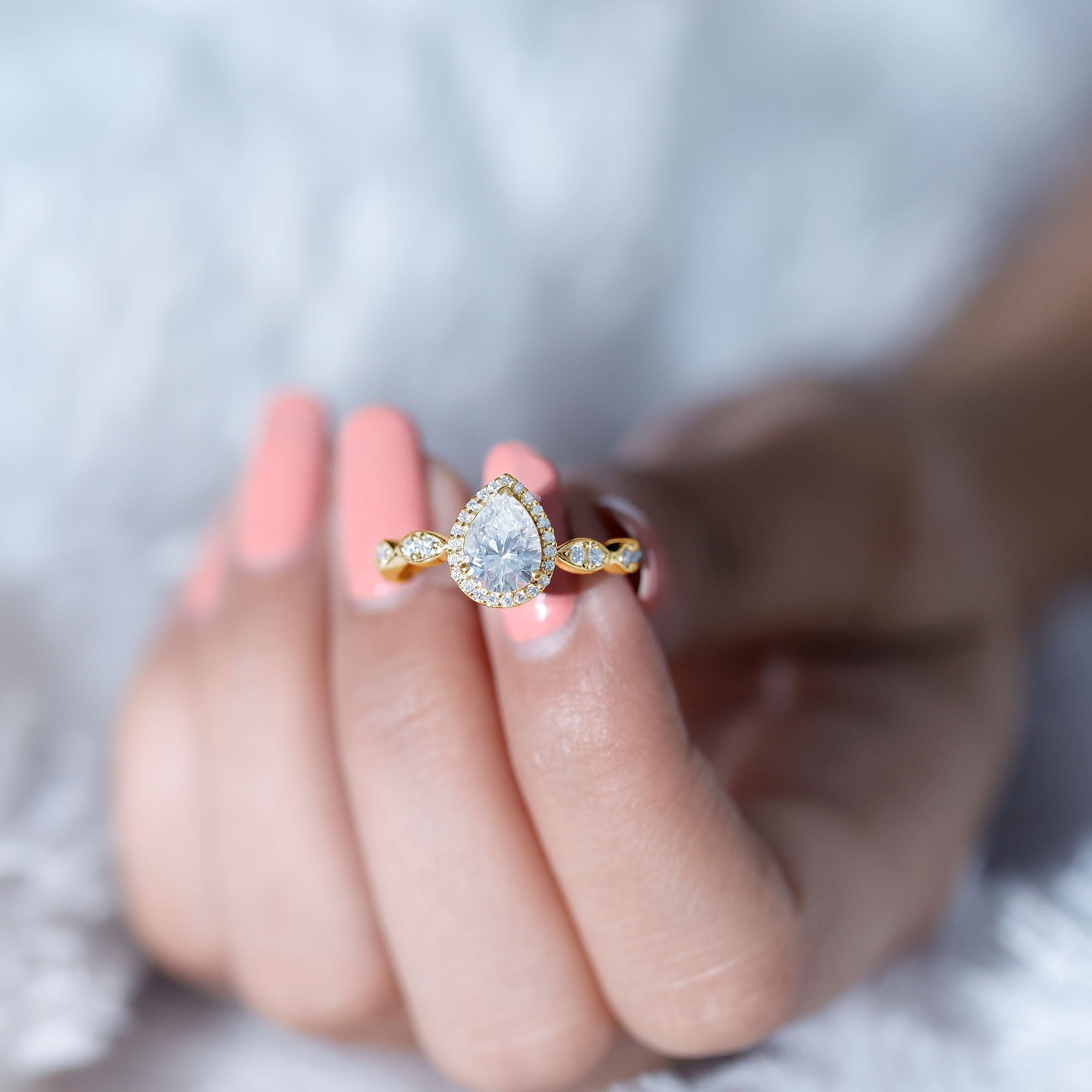 Moissanite Teardrop Engagement Ring with Scalloped Shank