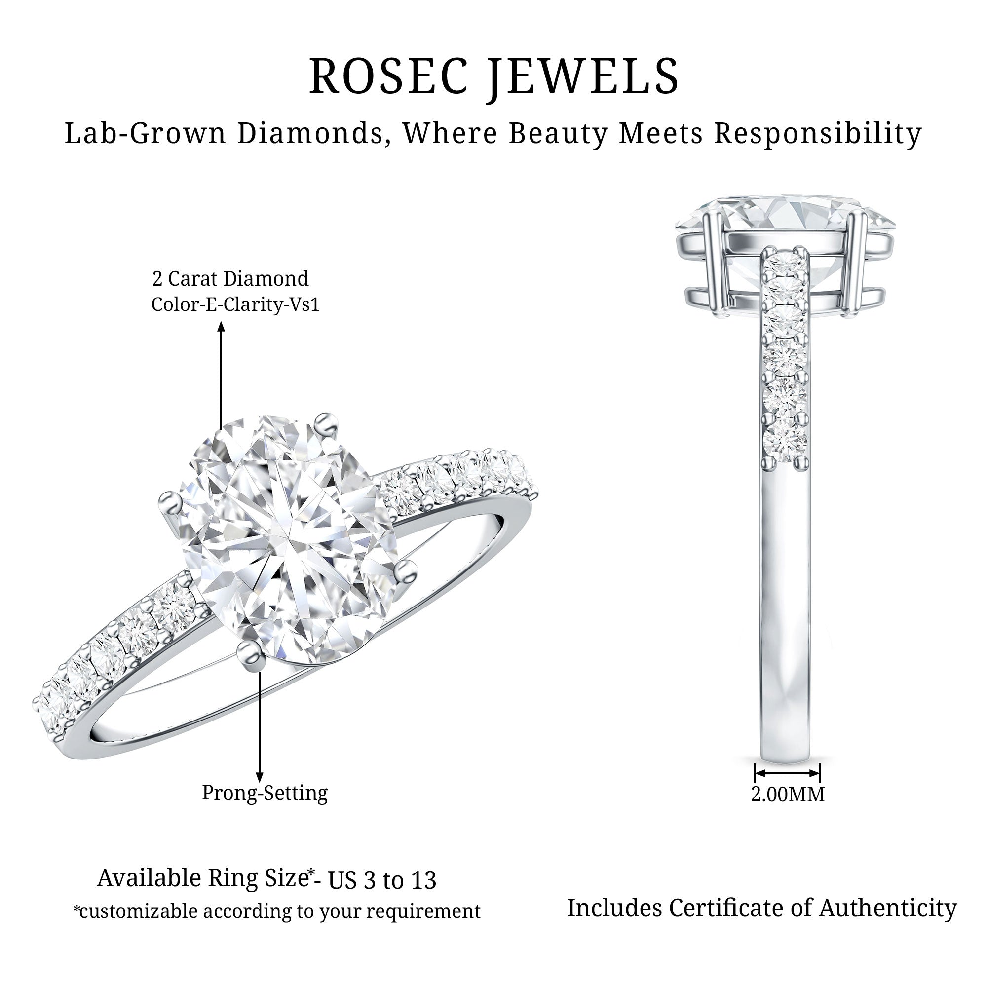 Lab Grown 2 Carat Diamond Oval Engagement Ring with IGI Certificate