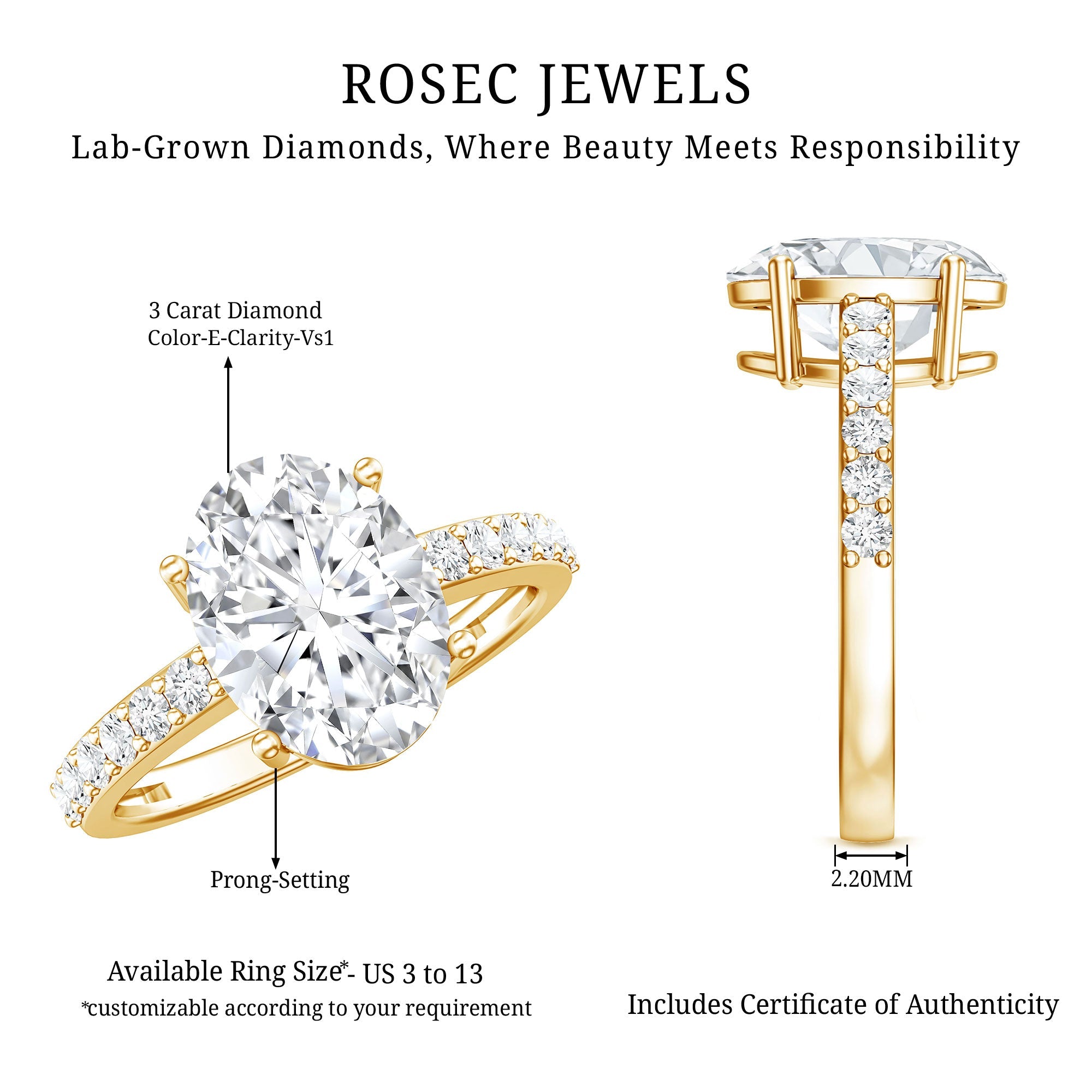 IGI Certified 3 Carat Lab Grown Oval Diamond Engagement Ring for Women